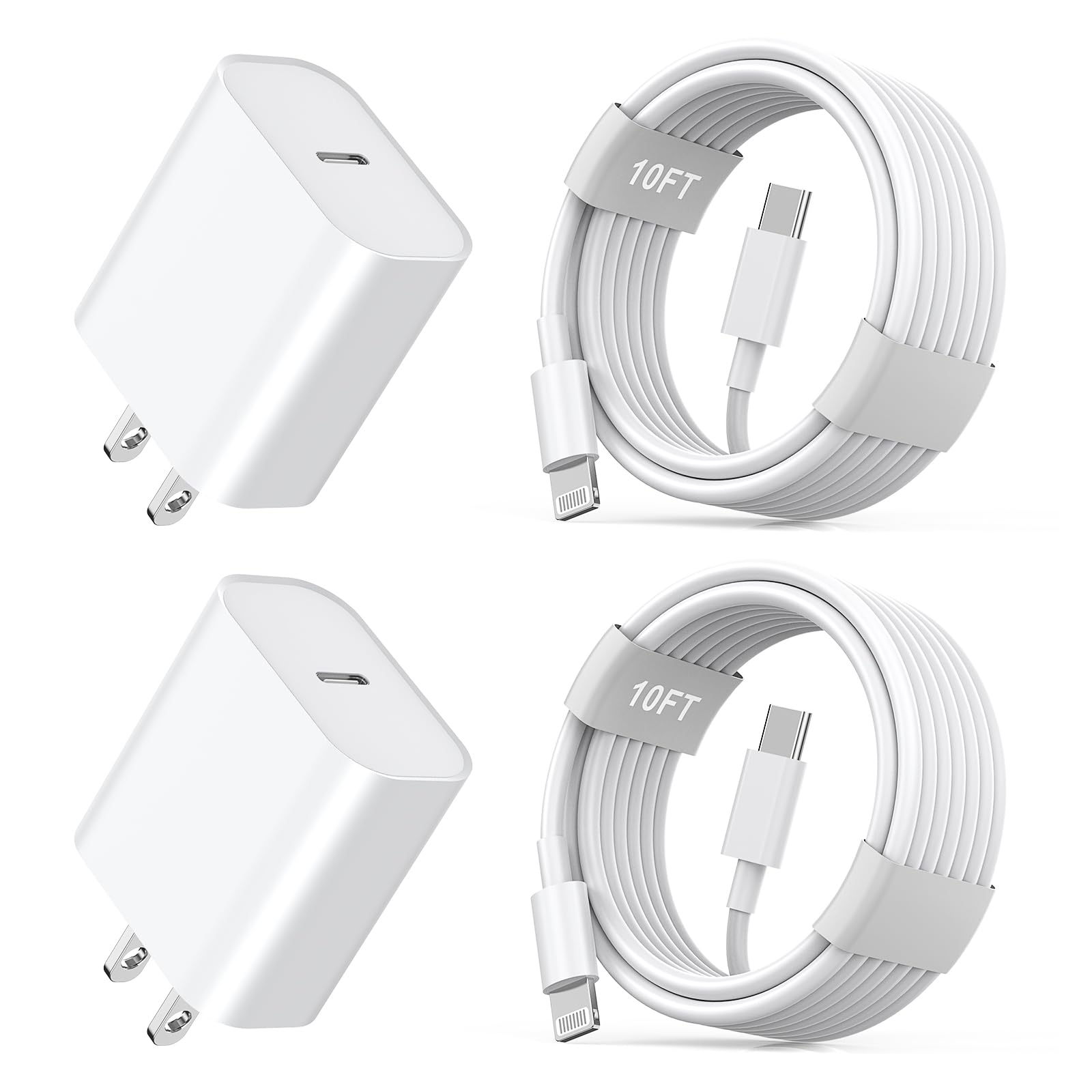 2-Pack 20W Fast Charger for iPhone 14/13/12/11/Pro Max/XS/XR/X/8 - Includes 10FT USB-C to Lightning Cable - Quick Charge Power Adapter for Home, Office & Travel