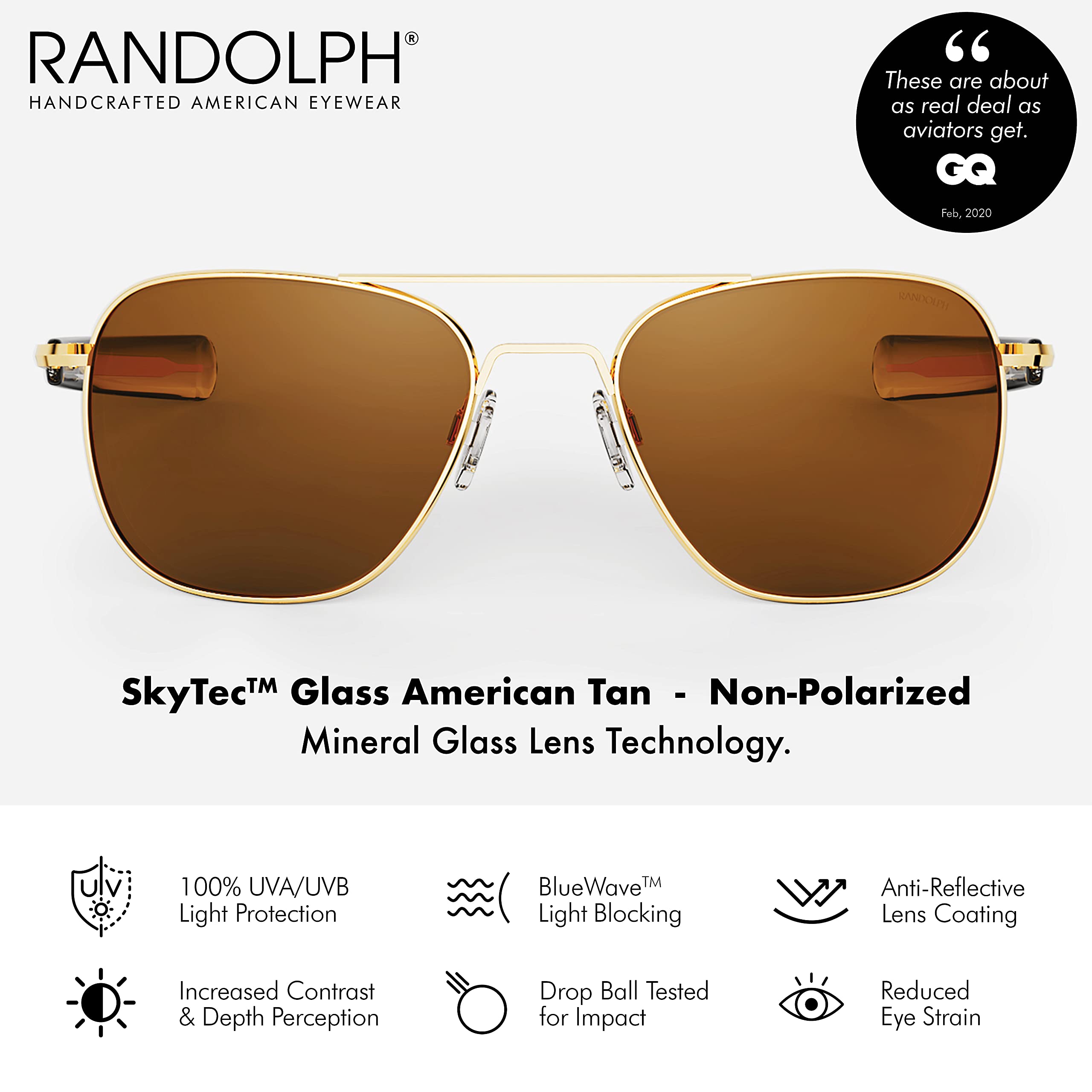 Randolph USA Gold Classic Aviator Sunglasses for Men & Women - 100% UV Protection - Polarized Pilot Sunglasses for Driving, Outdoor Activities & Fashion