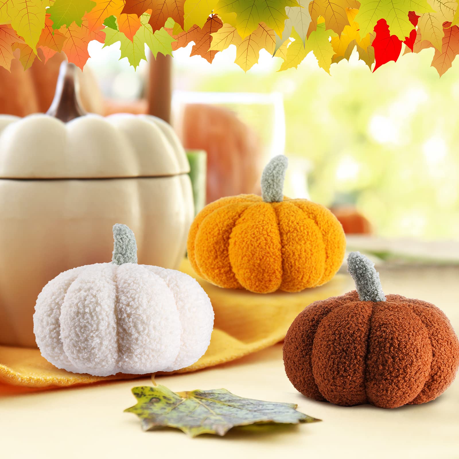 Namalu 3D Pumpkin Throw Pillows Set of 3 - Soft Plush Fall Decor Cushions for Sofa, Bed & Living Room - Thanksgiving & Winter Home Decor (7.87 Inch, White/Yellow/Brown) - Perfect for Seasonal Home Styling, Cozy Autumn Vibes & Holiday Gift Giving