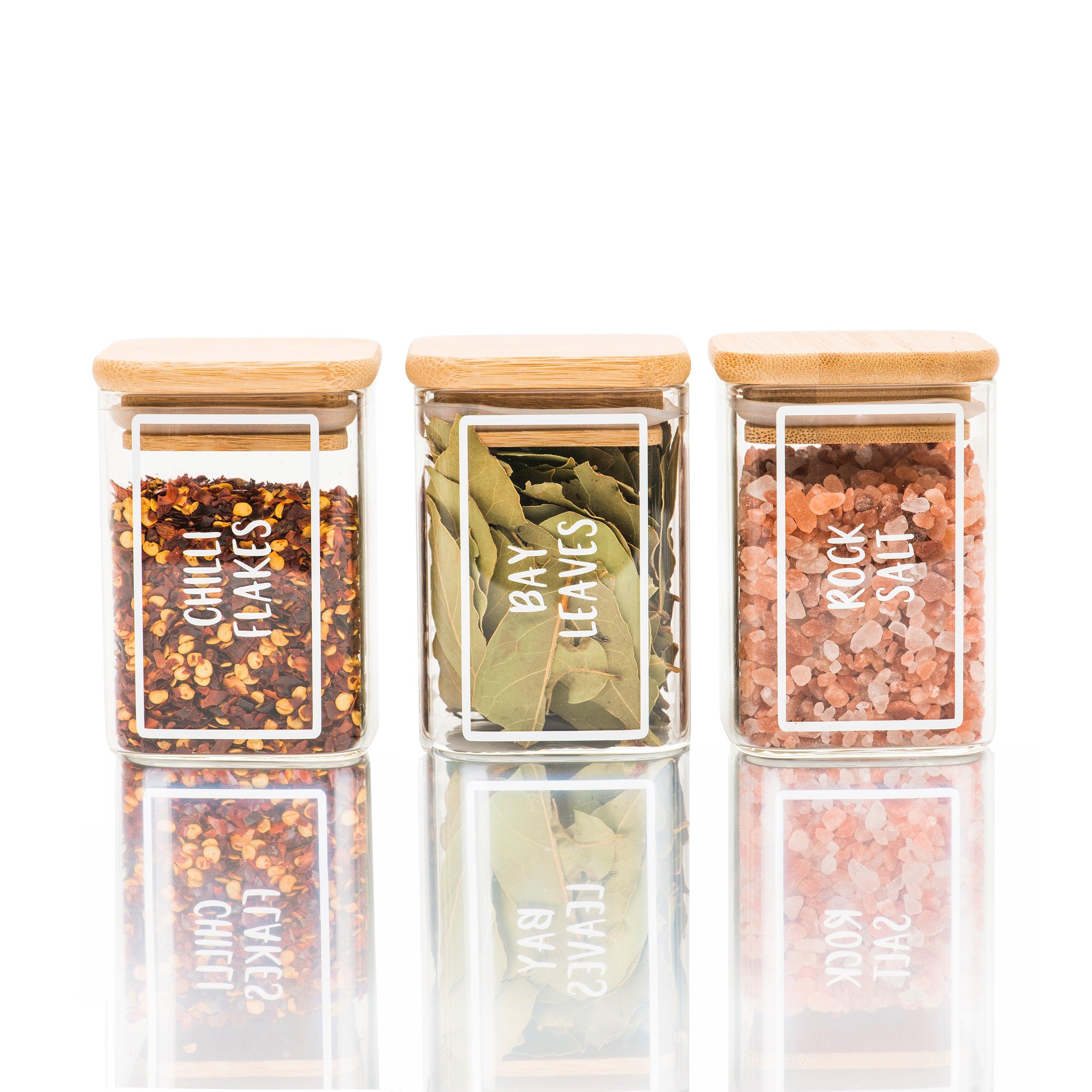 Premium Bamboo Glass Spice Jars with Airtight Lids - 200ml Square Containers for Kitchen Storage | Perfect for Organizing Herbs, Spices, Tea & Coffee | Ideal for Home, Restaurant & Gift Use