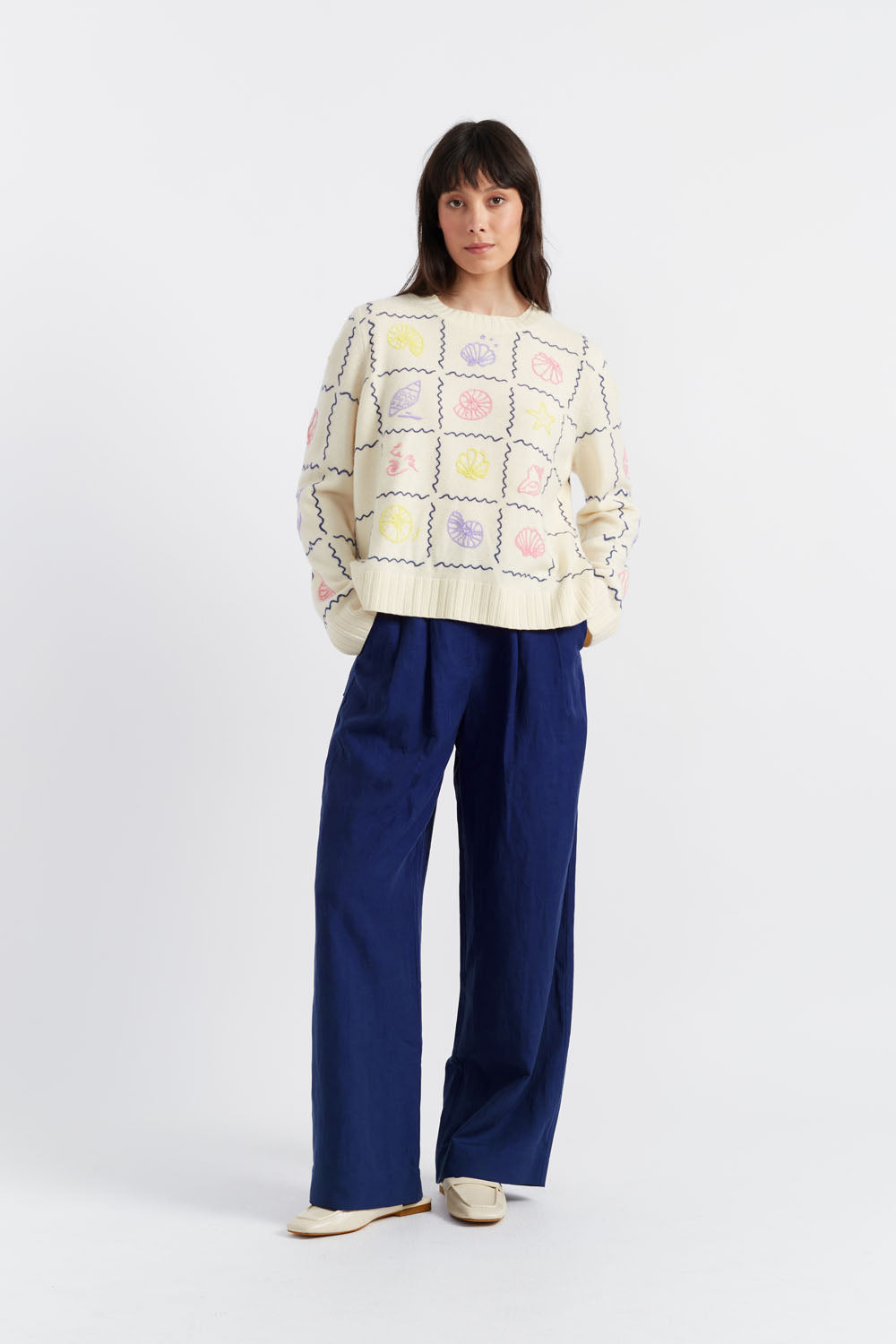 Luxury Cream Wool Cashmere Sweater with La Mer Embroidery - Soft Winter Pullover for Women | Perfect for Holiday Parties & Cozy Office Wear
