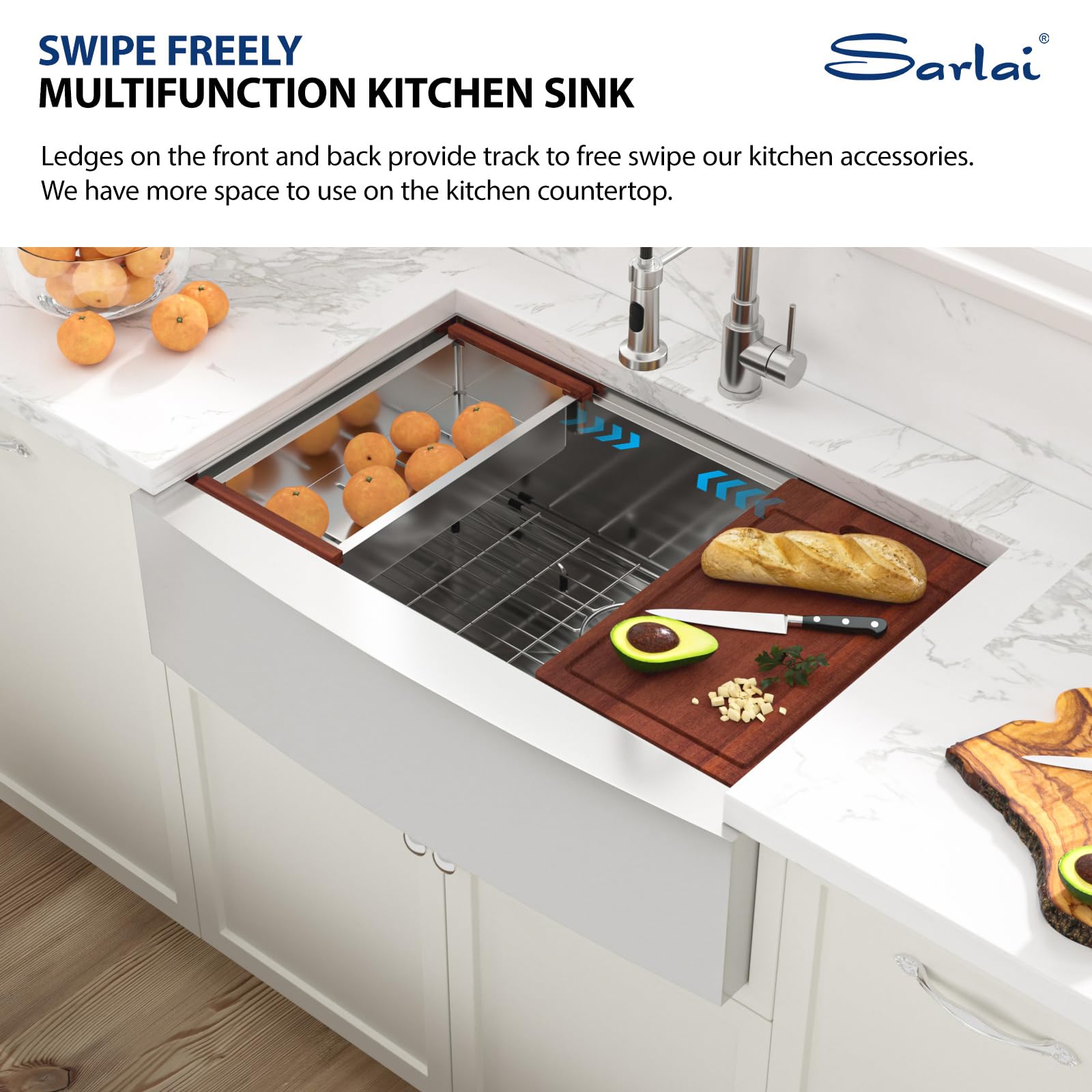 Sarlai 30 Inch Farmhouse Kitchen Sink - 16 Gauge Stainless Steel Single Bowl Apron Front Sink with Ledge Workstation (30