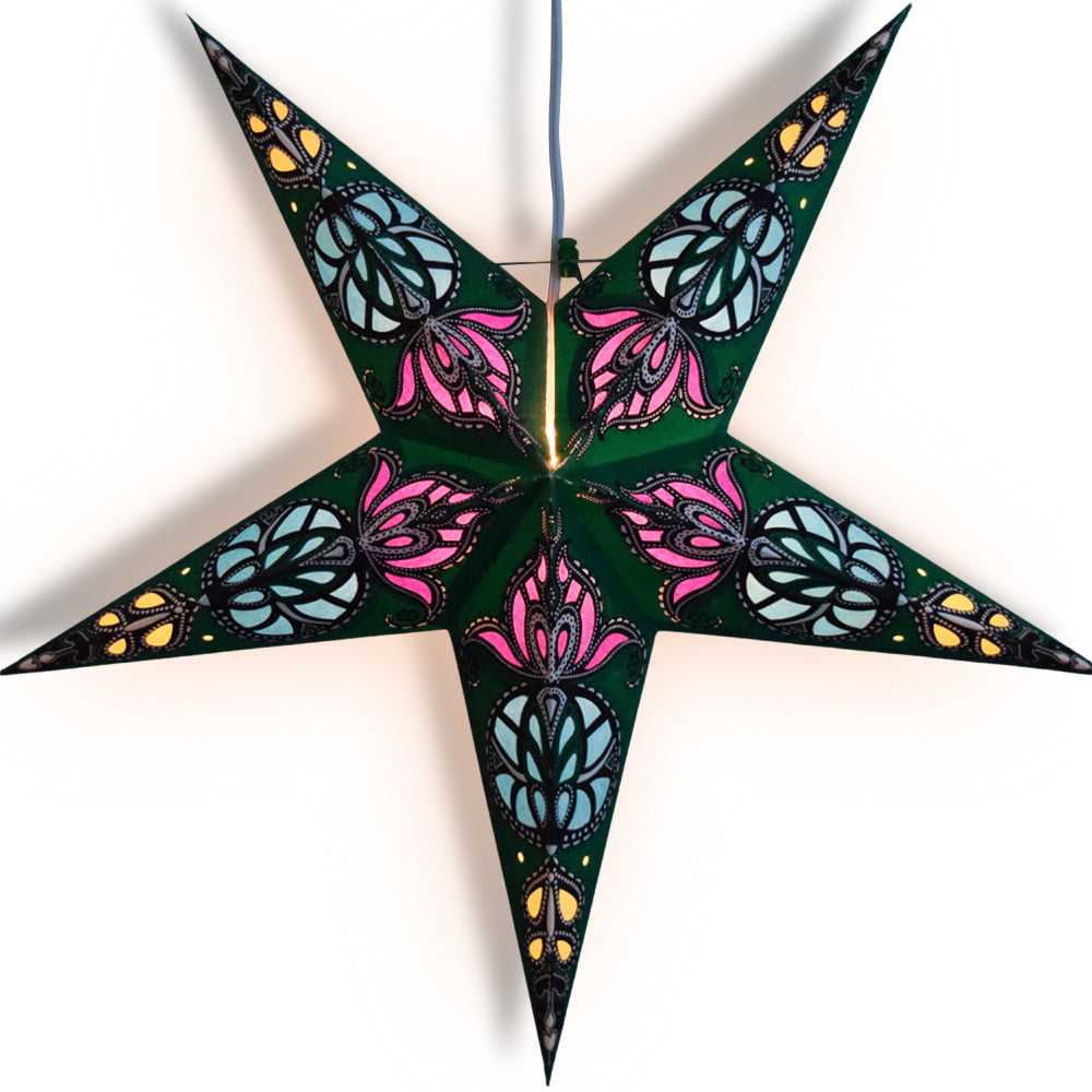 3 Pack Green Neptune Illuminated Paper Star Lanterns with LED Bulbs & Lamp Cord - Hanging Decor for Bedroom, Party, Wedding, and Outdoor Lighting