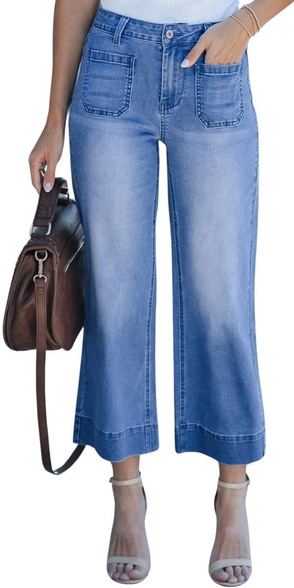 Women's High Waisted Cropped Jeans - Straight Leg Slim Fit Wide Leg Casual Denim Pants with Patch Pockets | Perfect for Spring Summer Outfits, Streetwear & Casual Wear