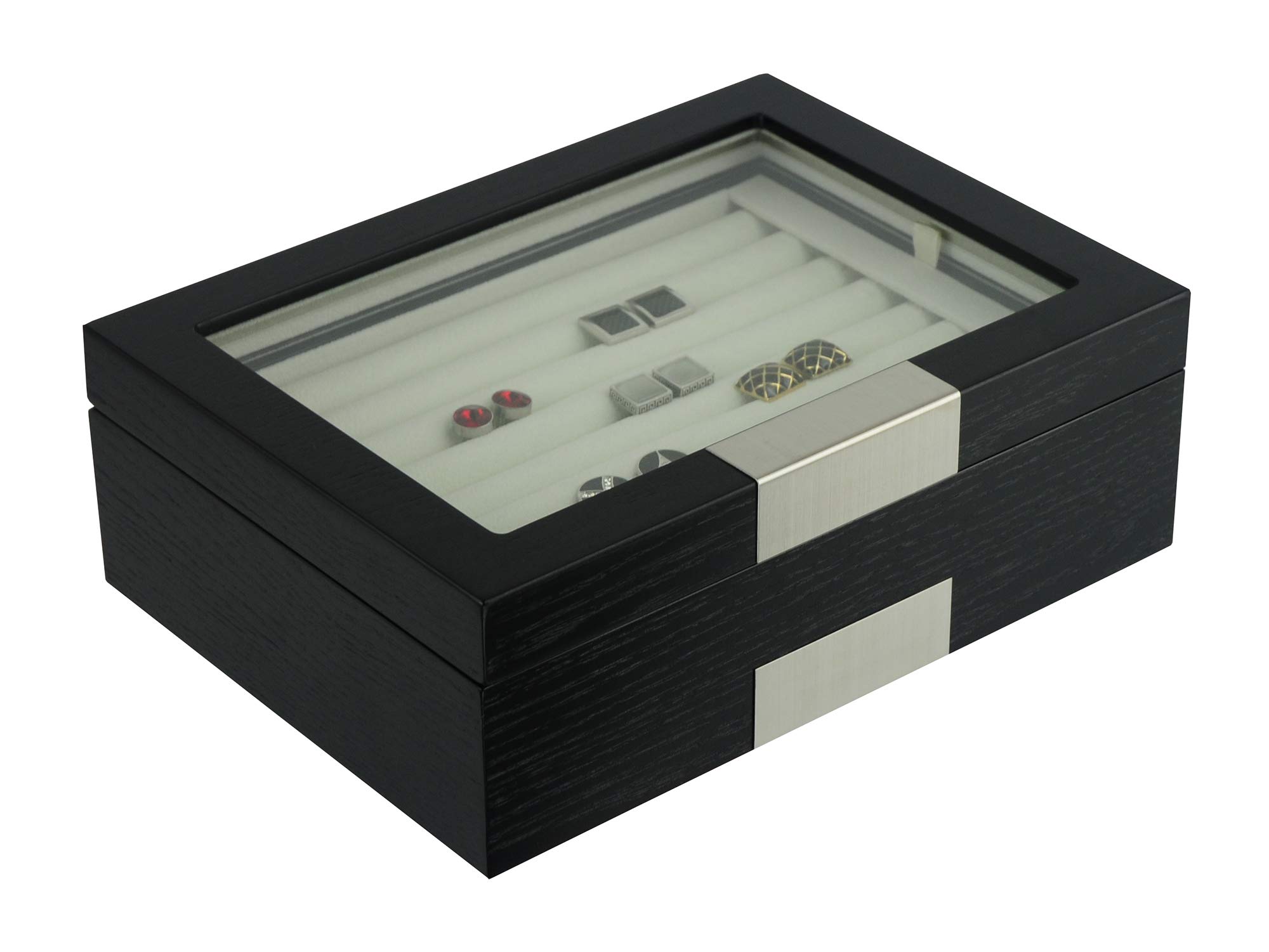 Personalized Black Ebony Wood Cufflink Case & Ring Storage Organizer - Stainless Steel Engravable Jewelry Box Holds 72 Cufflinks - Perfect Gift for Men, Wedding, Anniversary & Formal Occasions