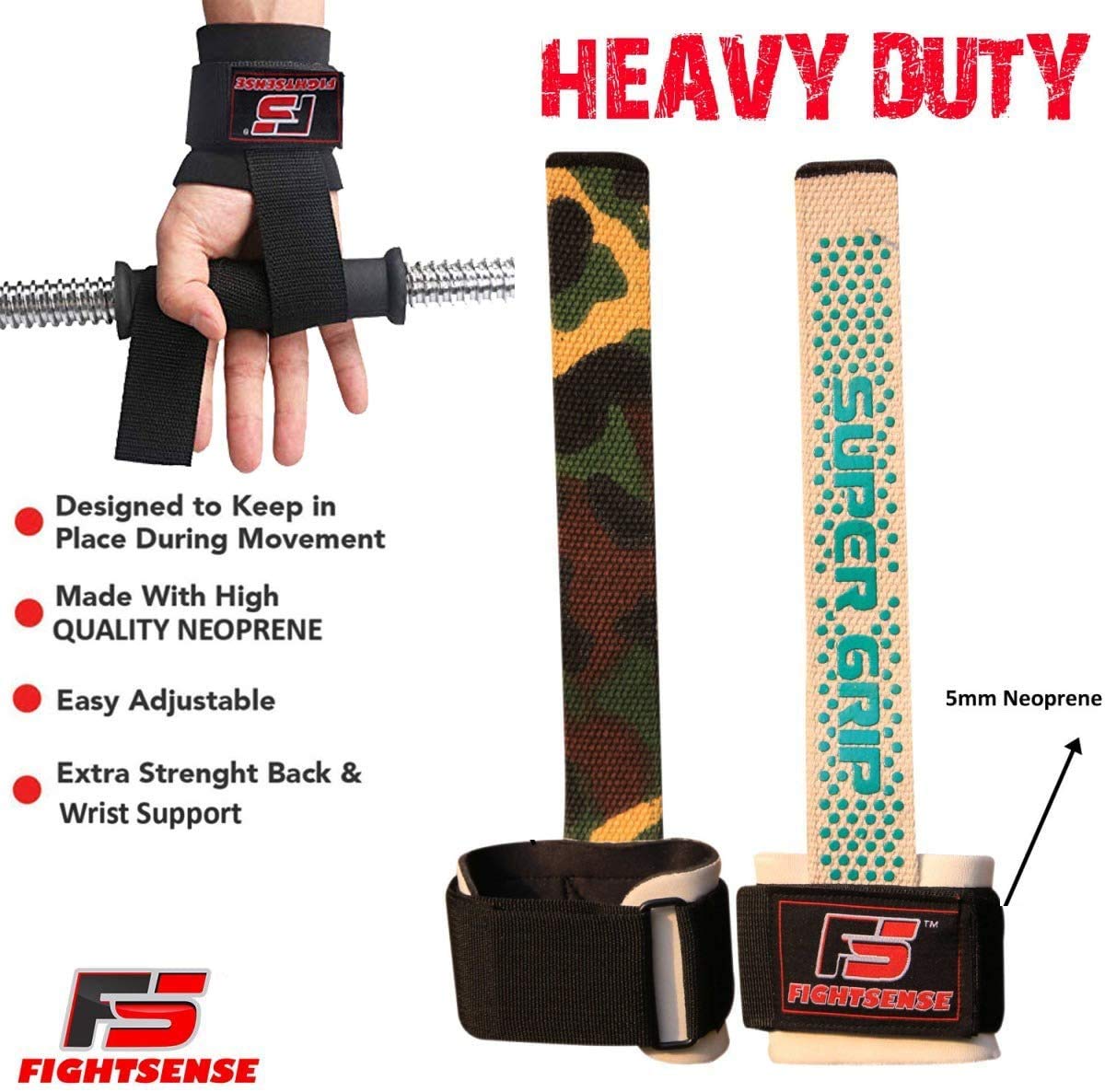 FIGHTSENSE Weight Lifting Straps - Non Slip Wrist Support for Powerlifting & Gym