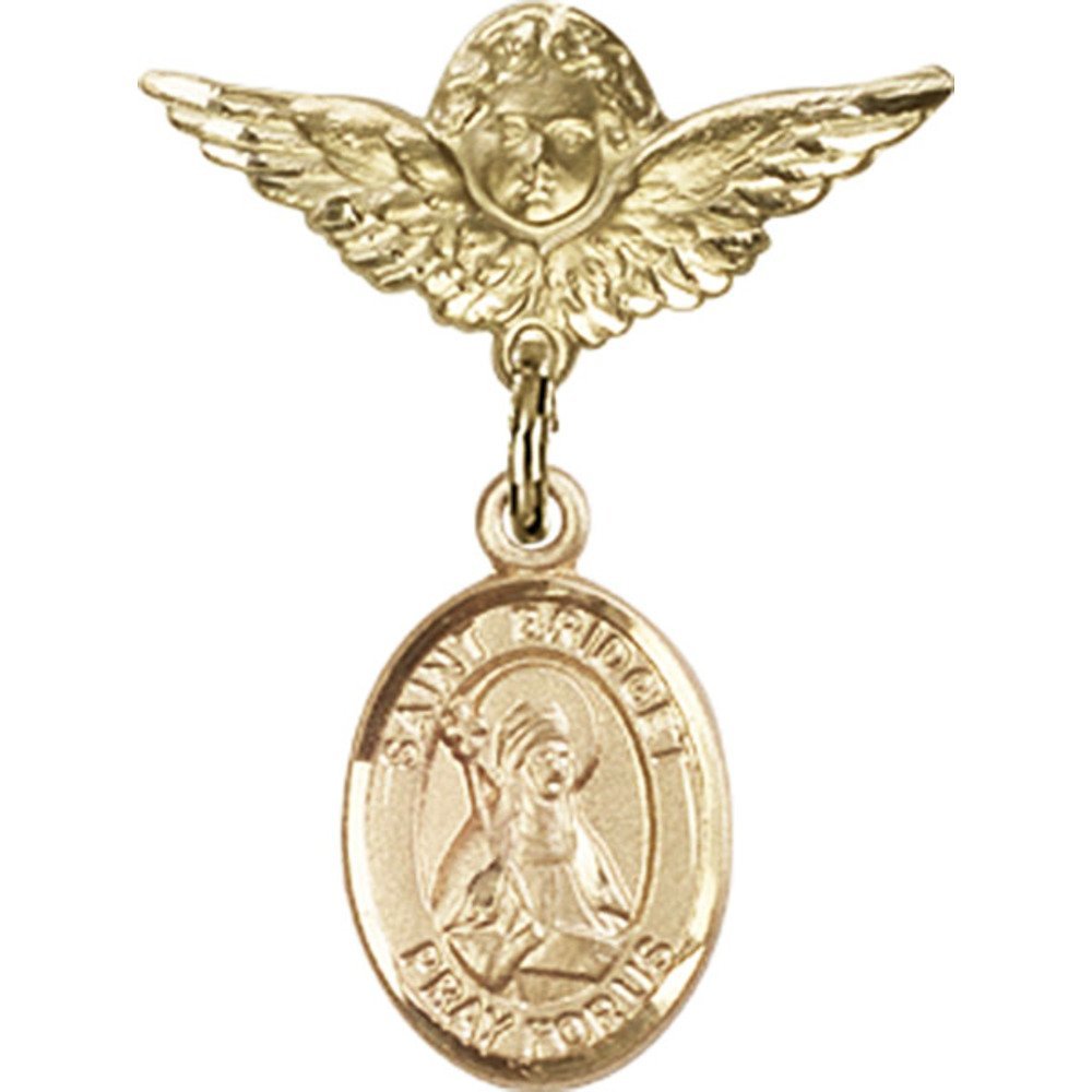 Gold Filled Baby Badge Pin with St. Bridget of Sweden Charm & Angel Wings - 1 x 3/4 Inch - Perfect for Christening Gifts, Baby Showers & Keepsake Jewelry