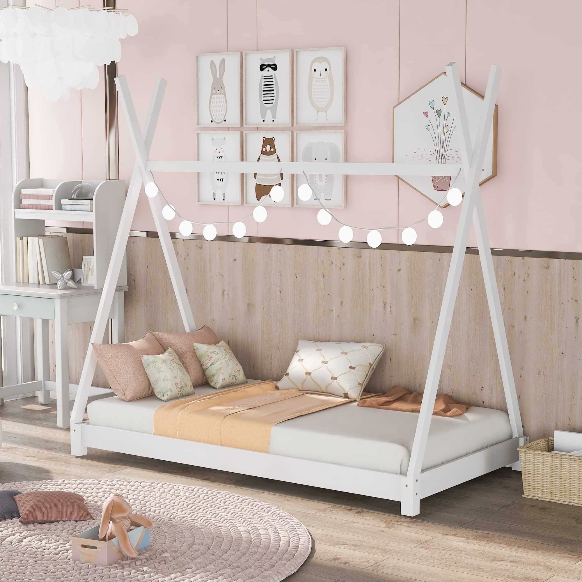 Merax Twin Size Wooden House Platform Bed with Slats & Triangle Structure - No Box Spring Needed - Sturdy Kids Bed for Boys, Girls & Teens - Perfect for Small Bedrooms, Playrooms & Sleepovers (White)