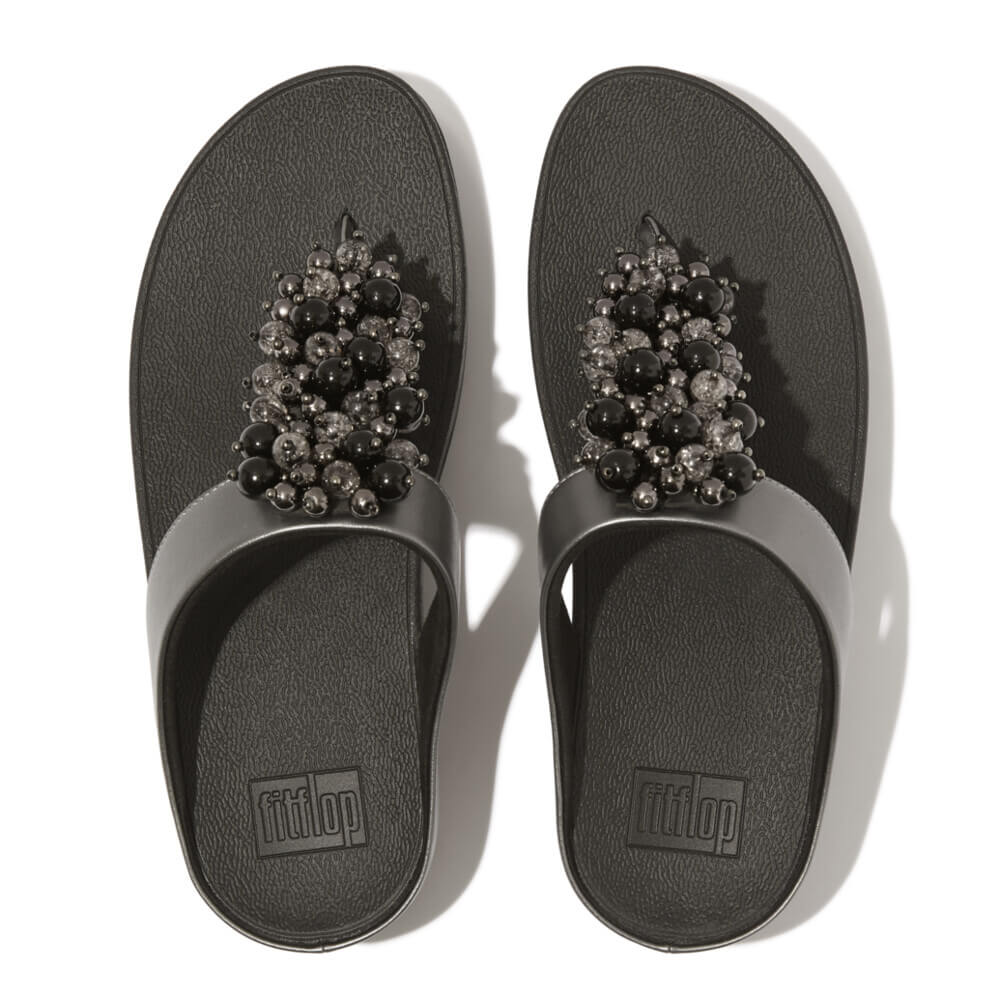 FitFlop Fino Bauble Bead Leather Sandals for Women - Comfortable & Stylish Pewter Black Flip Flops - Perfect for Beach, Vacation & Summer Outfits