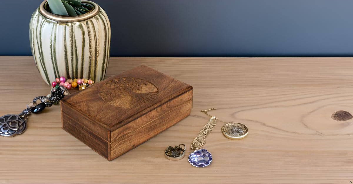 Handmade Wooden Jewelry Box with Tree of Life Carving - Jewelry Organizer, Keepsake Box, Watch Storage - Perfect for Birthday Gifts, Housewarming, and Special Occasions