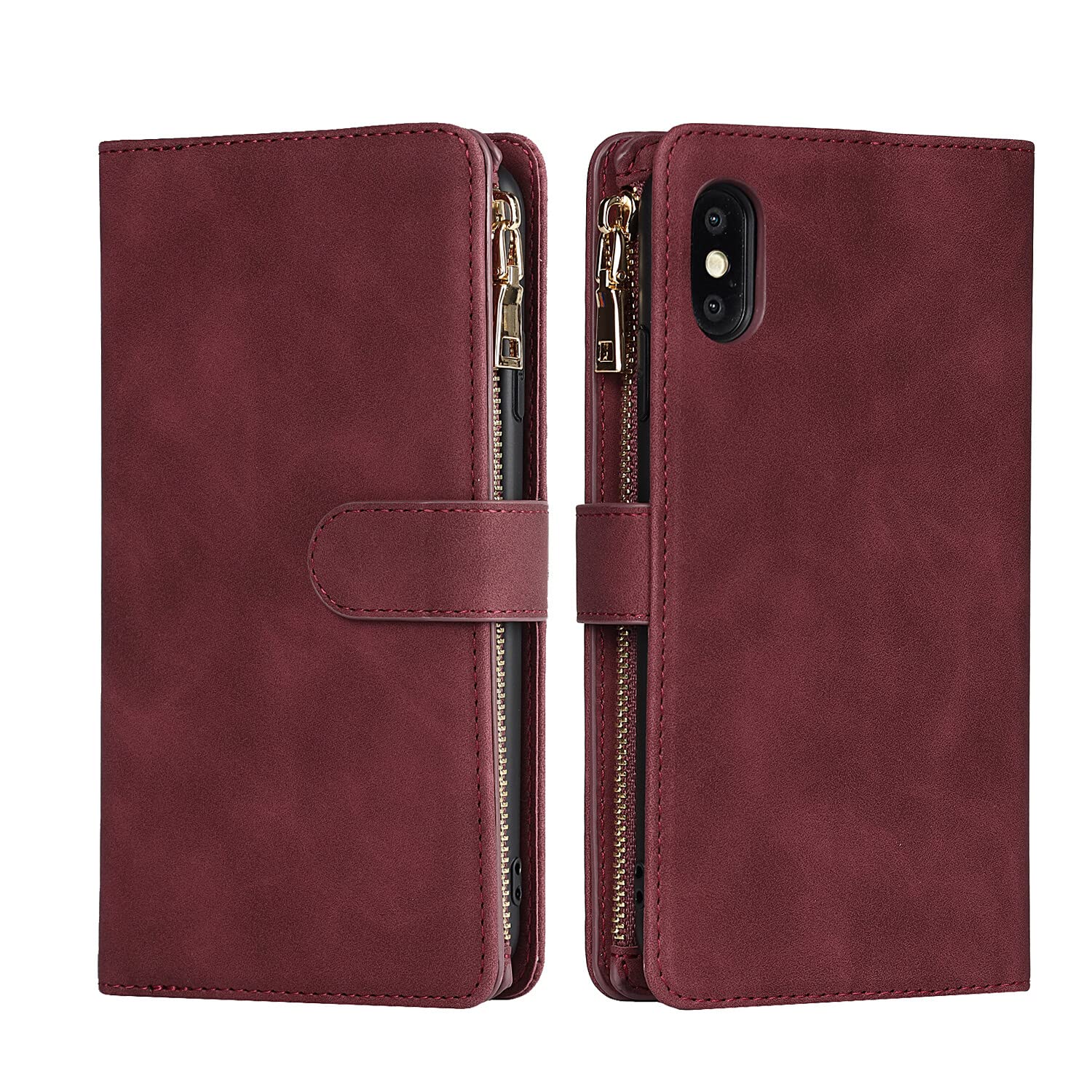 Premium Leather Wallet Case for iPhone X/Xs - Magnetic Protective Cover with Card Holder & Crossbody Strap (Wine Red) | Slim Stand Function for Hands-Free Viewing | Perfect for Travel, Shopping & Daily Use