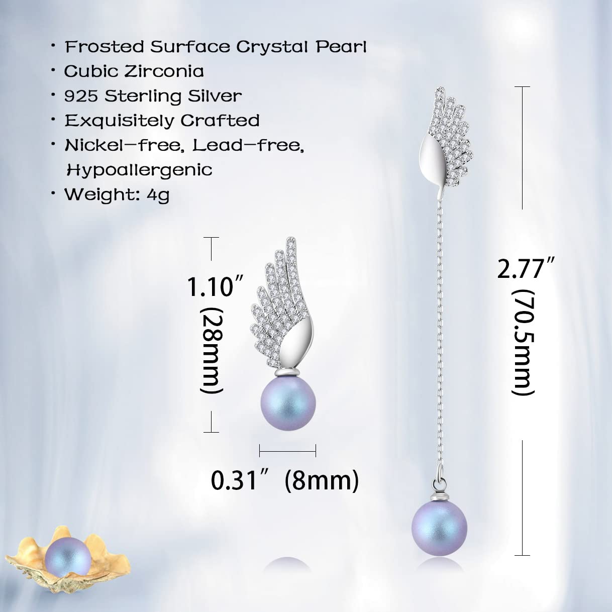 Richapex Asymmetrical Pearl Drop Dangle Earrings - 925 Sterling Silver Frosted Crystal Earrings with Angel Wing Design | Hypoallergenic Jewelry for Women | Perfect Anniversary & Birthday Gift for Her | Elegant for Weddings, Parties & Special Occasions
