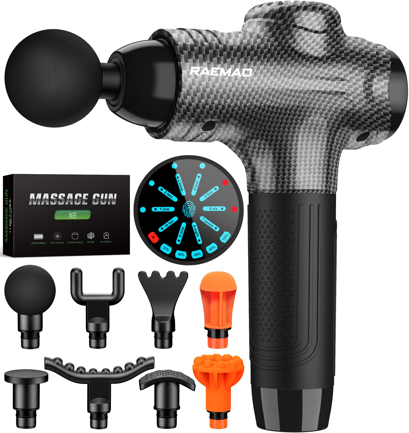 RAEMAO Deep Tissue Massage Gun for Athletes - Handheld Electric Percussion Muscle Massager with 10 Speed Levels & 8 Interchangeable Heads - Relieves Muscle Pain, Soreness & Tension - Perfect for Post-Workout Recovery, Physical Therapy & Home Relaxation