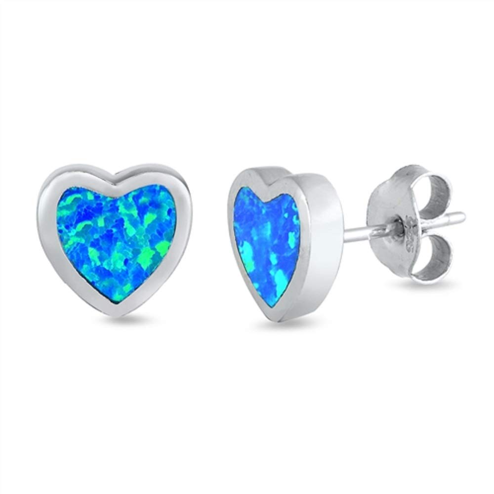 Blue Simulated Opal Heart Earrings Sterling Silver 925 - Dainty Bohemian Jewelry for Women, Perfect for Valentine's Day Gifts & Everyday Wear