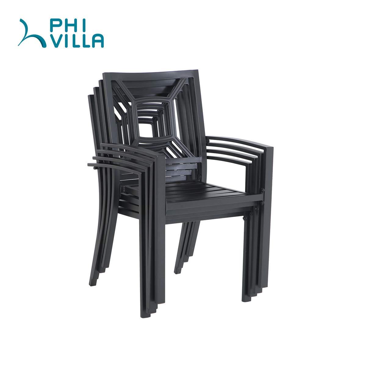 PHI VILLA 8-Piece Outdoor Patio Dining Set with 13ft Sunbrella Umbrella - Steel Rectangle Table & 6 Stackable Chairs - Perfect for Backyard, Garden, and Poolside Entertaining