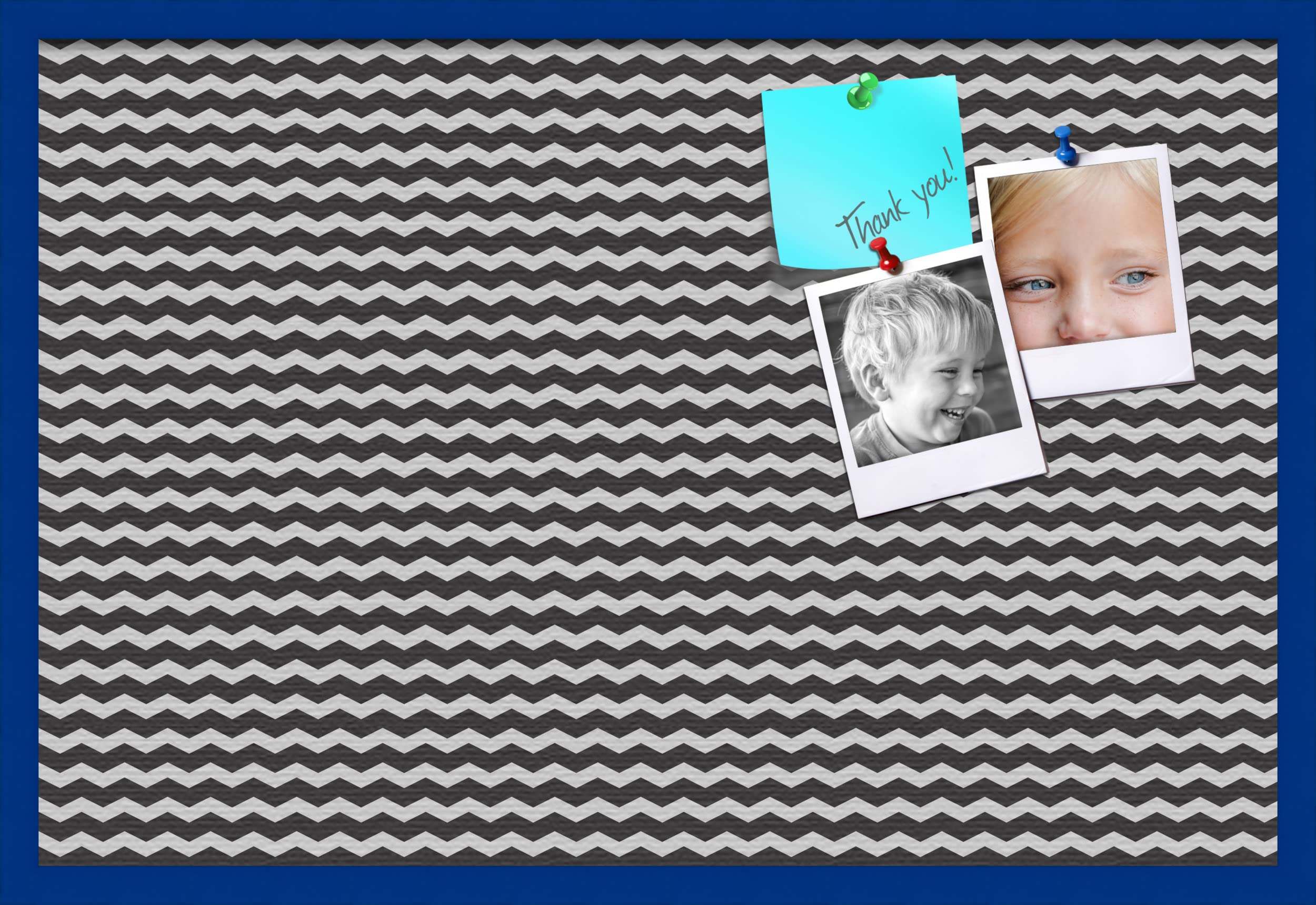 PinPix 36x24 Inch Cork Bulletin Board - Black & White Chevron Design with Blue Stained Beech Frame - Wall Mounted Office Corkboard for Home, Office Decor, Memo & Message Board - Perfect for Kitchen, Dorm Room or Classroom Organization (PinPix-118)