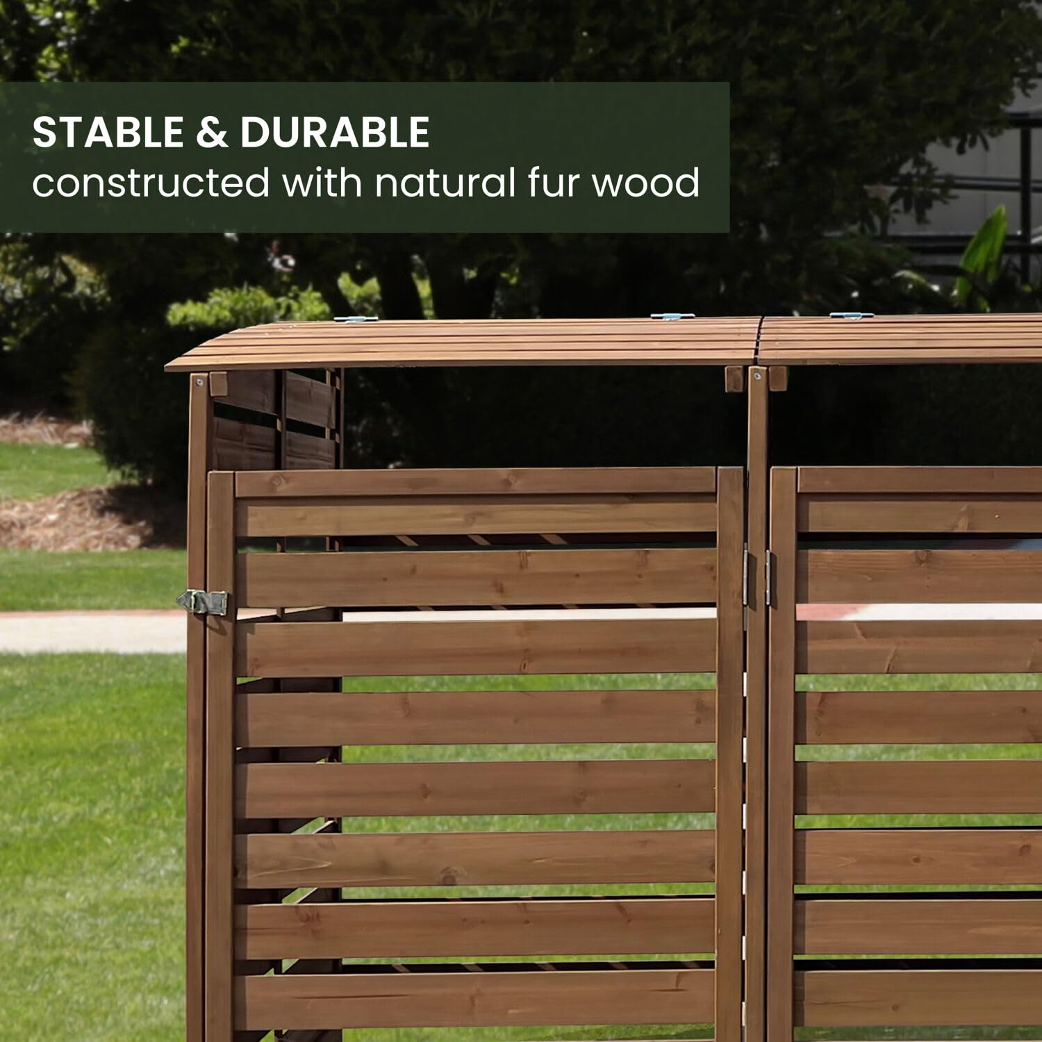 Hanover Outdoor 4.9-ft x 4-ft Weatherproof Wooden Trash Bin & Recycling Storage Shed with Locking Latch - Brown - Perfect for Yard, Carport, Driveway, Garage & Backyard Organization
