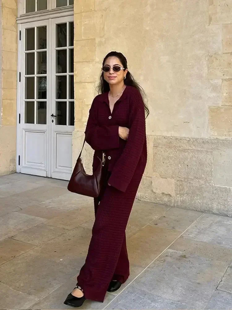 Women's Autumn Wine Red Knit Sweater 2-Piece Set with V-Neck Cardigan & High Waist Wide Leg Pants | Casual Fashion Outfit for Work, Dating & Fall Season
