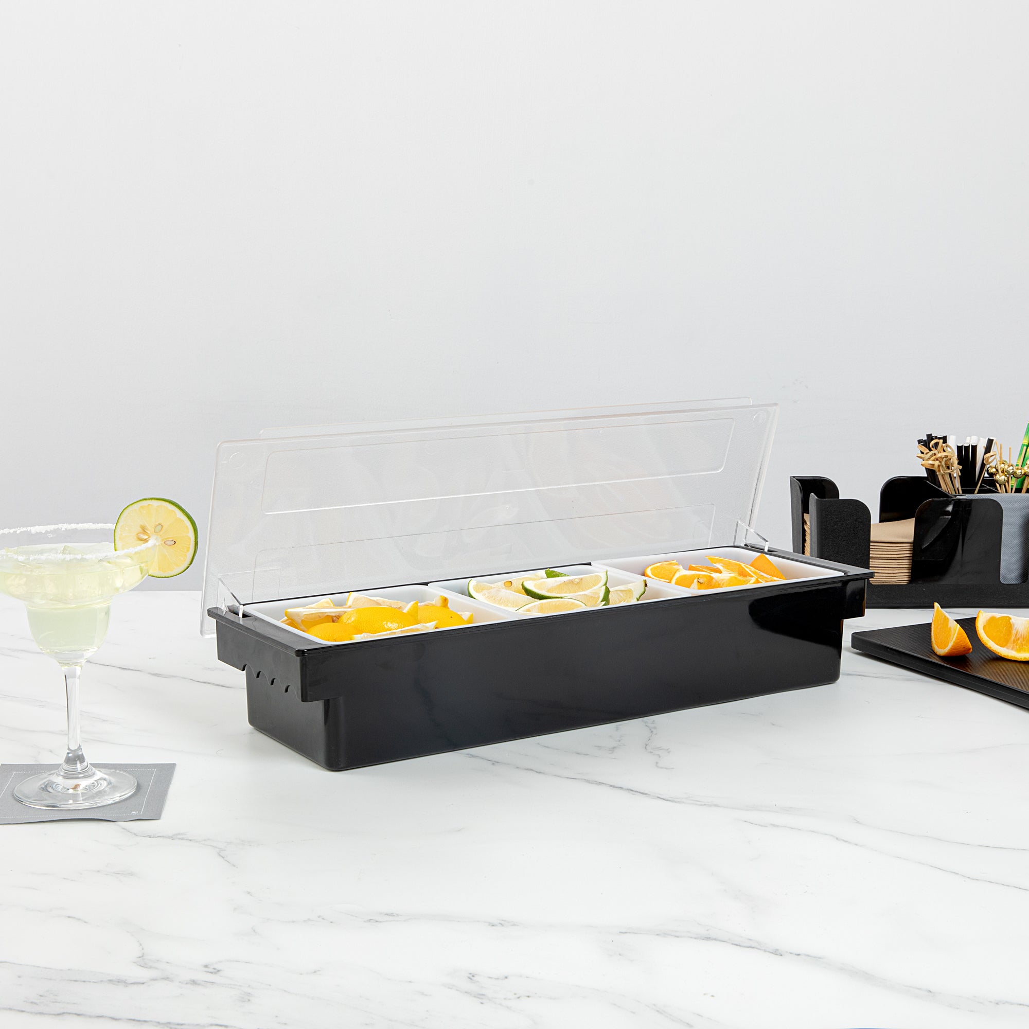 Bar Lux Black Plastic Condiment Caddy - 3 Compartment Organizer (19.5