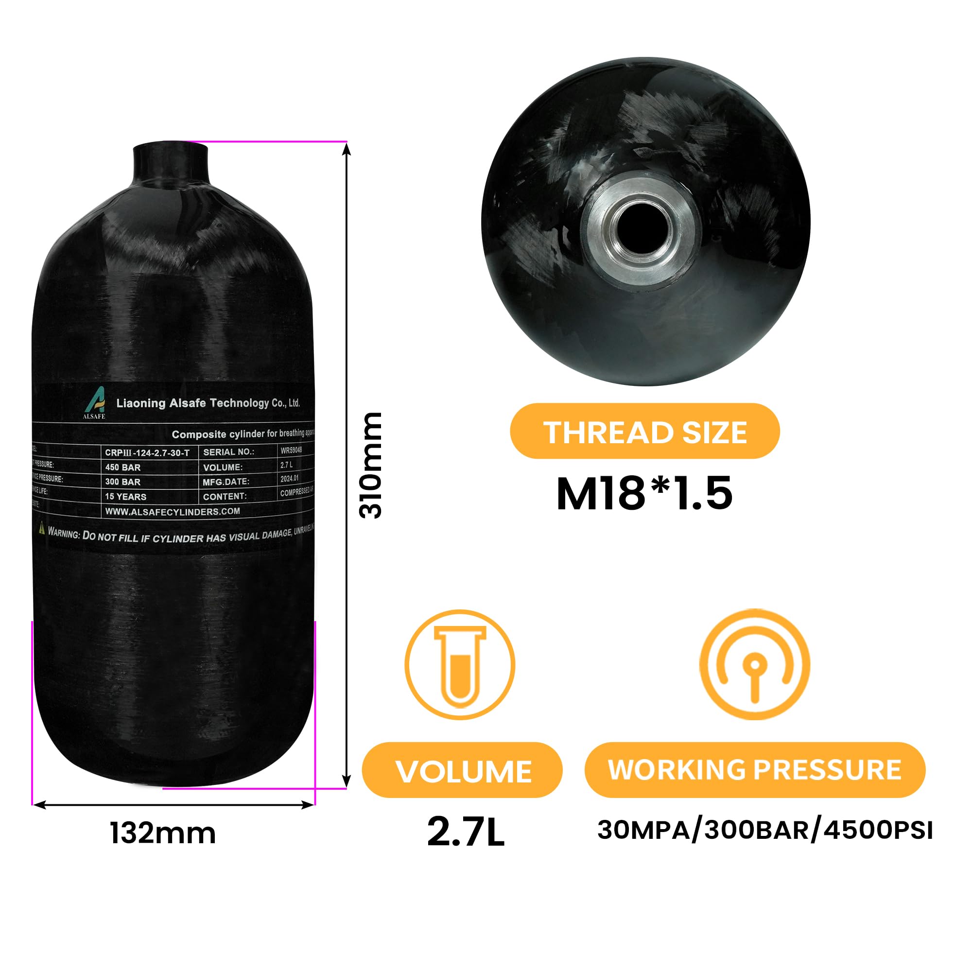 TUXING 4500Psi Carbon Fiber Scuba Tank 2.7L 164Cu in High Pressure Air Tank - CE Certified PCP Paintball & Diving Cylinder (Empty) M18x1.5 Thread - Perfect for Scuba Diving, Paintball Games & Airgun Refills