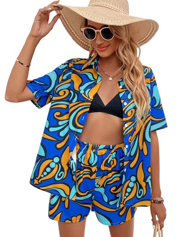 MakeMeChic Women's Tropical Print 2 Piece Outfit Set - Half Sleeve Blouse & Shorts | Summer Beach Vacation Outfit, Pool Party Wear, Casual Boho Chic Style