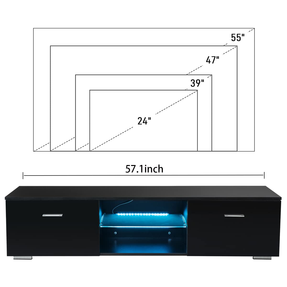 Modern LED TV Stand for 65 Inch TVs - Black Entertainment Center with Storage, Glass Shelves & 2 Drawers - High Gloss TV Cabinet with LED Lights for Living Room, Bedroom & Home Theater Setup