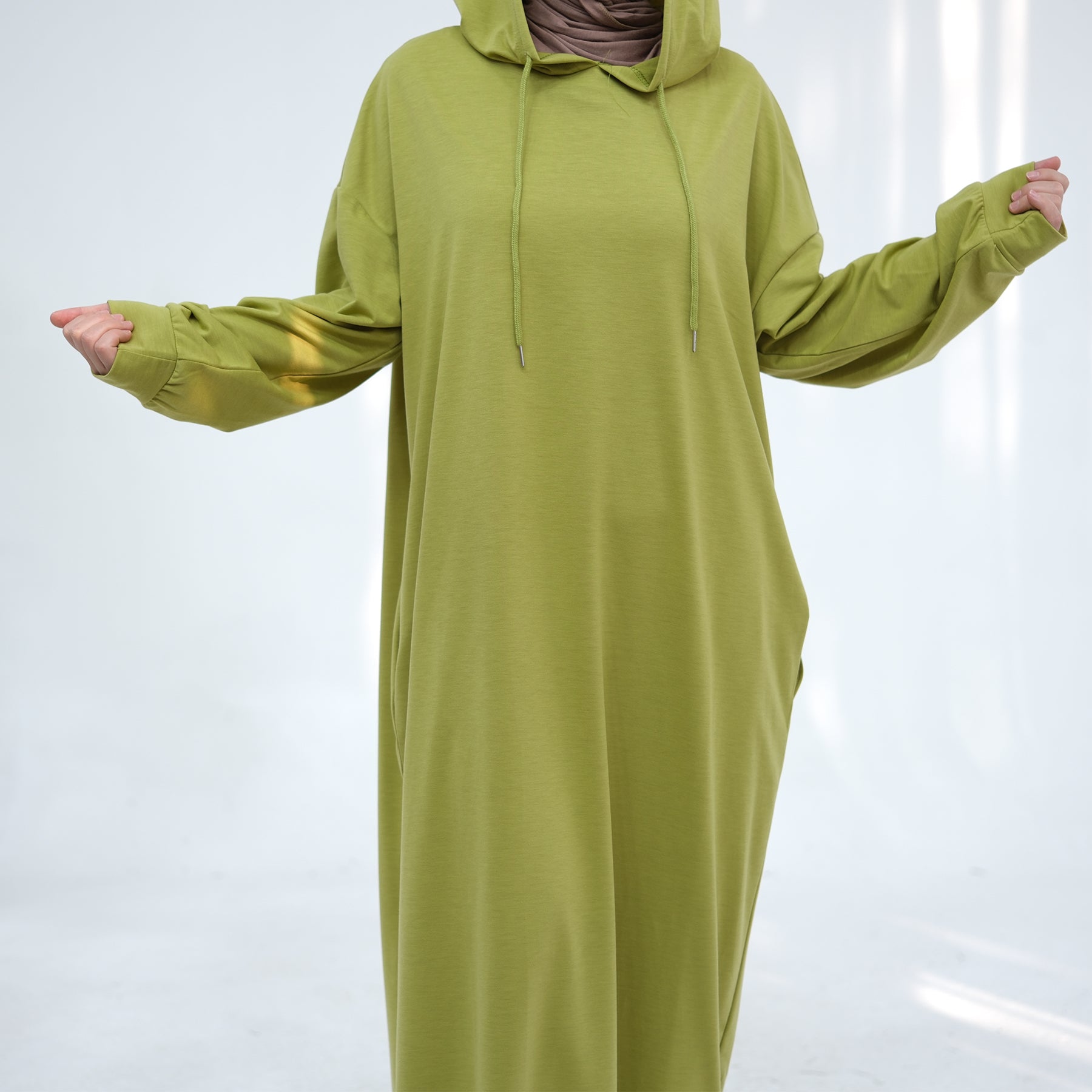 Alora Poly Hoodie Abaya - Stylish Green Islamic Modest Dress for Women | Perfect for Prayer, Daily Wear & Special Occasions