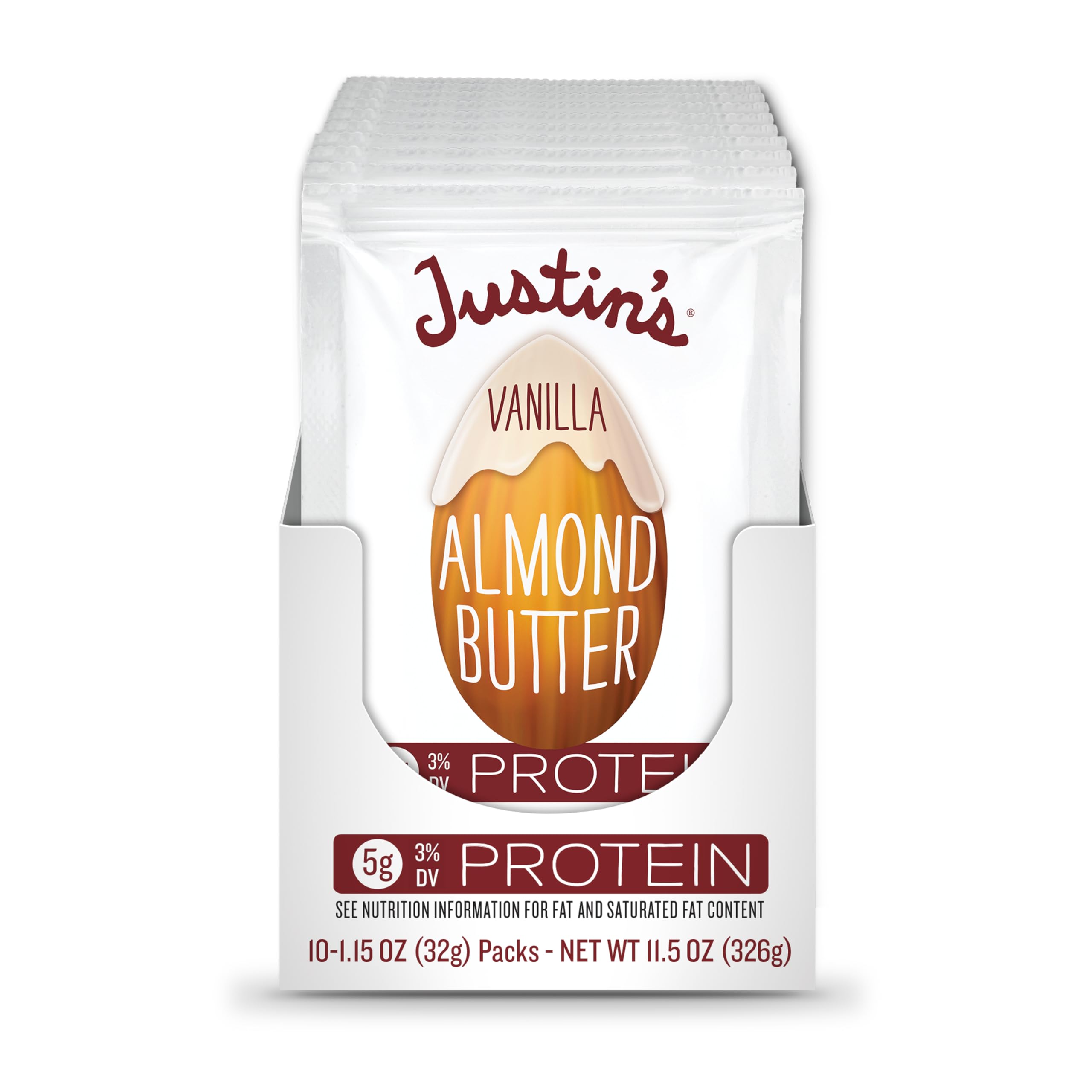 Justin's Gluten-Free Vanilla Almond Butter Squeeze Packs, 1.15 oz (10 Pack) | Healthy Snack for On-the-Go, Hiking, Lunch Boxes & Keto Diet