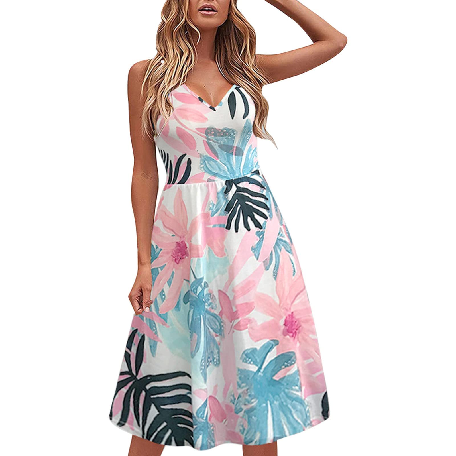 Women's Summer Dress Slim Fit Leaf Print Ruffle Hem Casual Sling Mini Dress - Flowy Juniors Sundress for Beach, Vacation & Outdoor Parties | Lightweight & Comfortable Summer Outfit