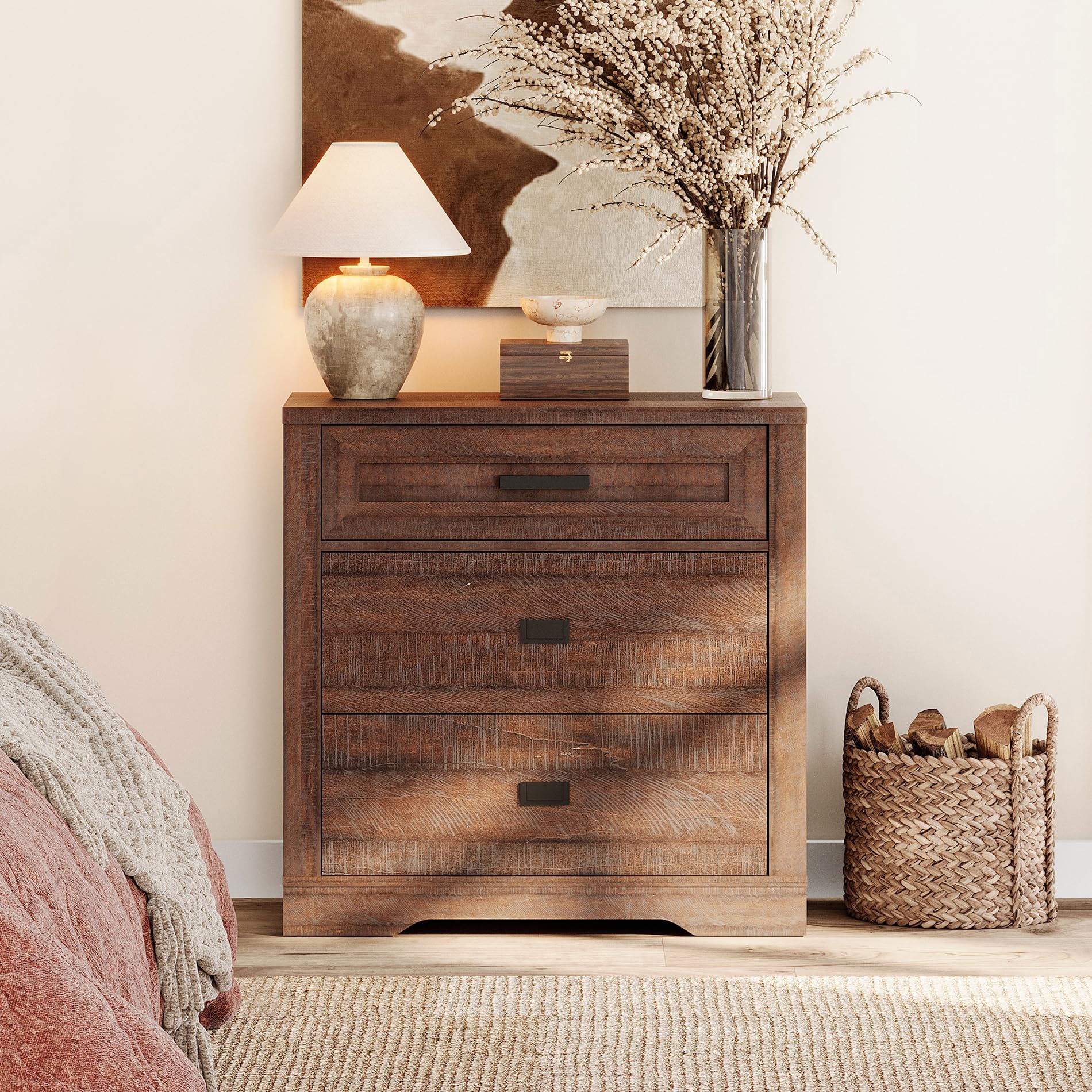 WAMPAT 3-Drawer Kids Dresser - Modern Farmhouse Wooden Chest for Nursery, Bedroom & Hallway Storage - Rustic Brown Organizer for Clothes, Toys & Essentials | Perfect for Small Spaces & Home Decor
