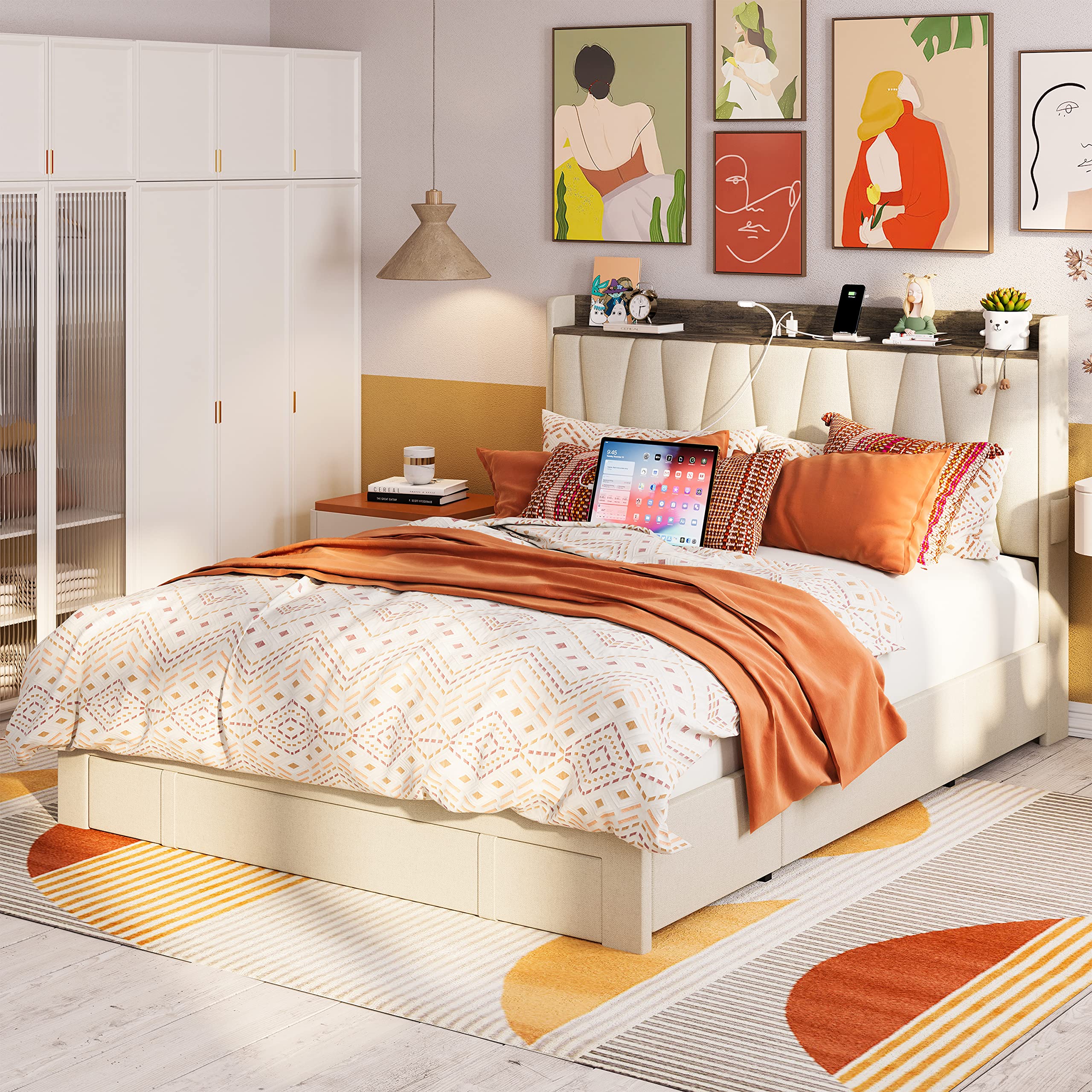 ANCTOR Full Size Bed Frame with 3 Drawers & Upholstered Storage Headboard - No Box Spring Needed Platform Bed with USB Charging Station, Easy Assembly, Beige - Perfect for Small Bedrooms, Guest Rooms & Dormitories