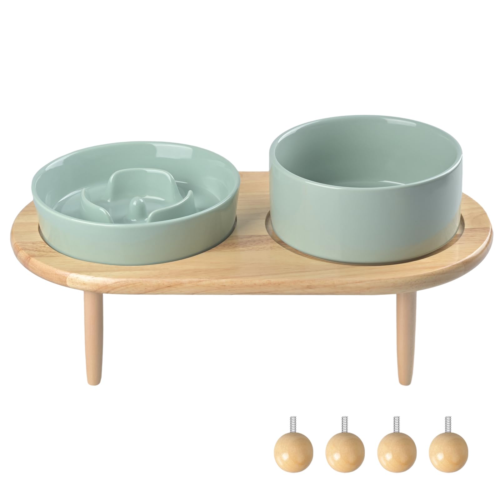 SPUNKYJUNKY Raised Ceramic Slow Feeder Dog Bowl with Water Dish Combo - Adjustable Anti-Choking Elevated Pet Feeder Set for Small & Medium Breeds (Light Green) - Perfect for Mealtime Safety & Mess-Free Feeding at Home or Travel