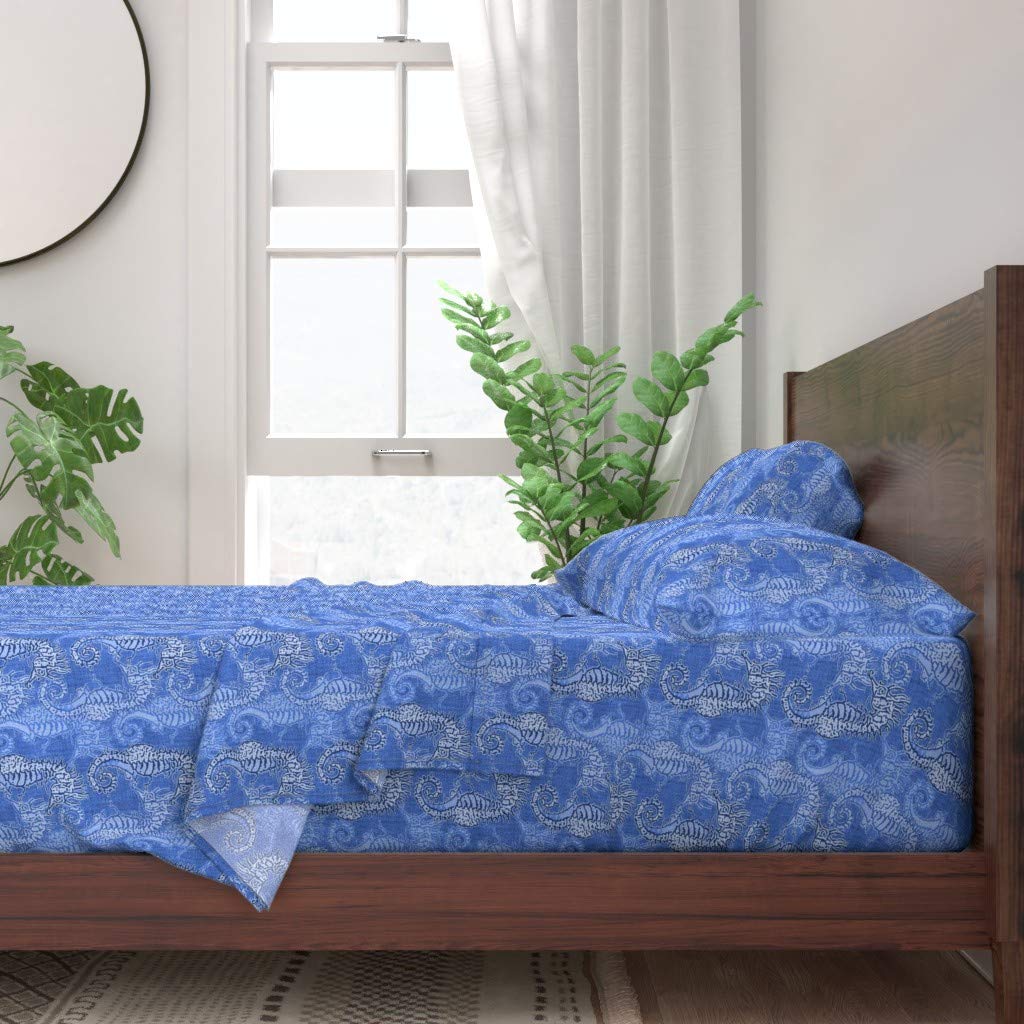 100% Cotton Twin Sheet Set 3pc - Seahorse Ocean Blue Watercolor Nautical Tropical Print | Soft Breathable Bedding for Summer & Beach Themed Rooms