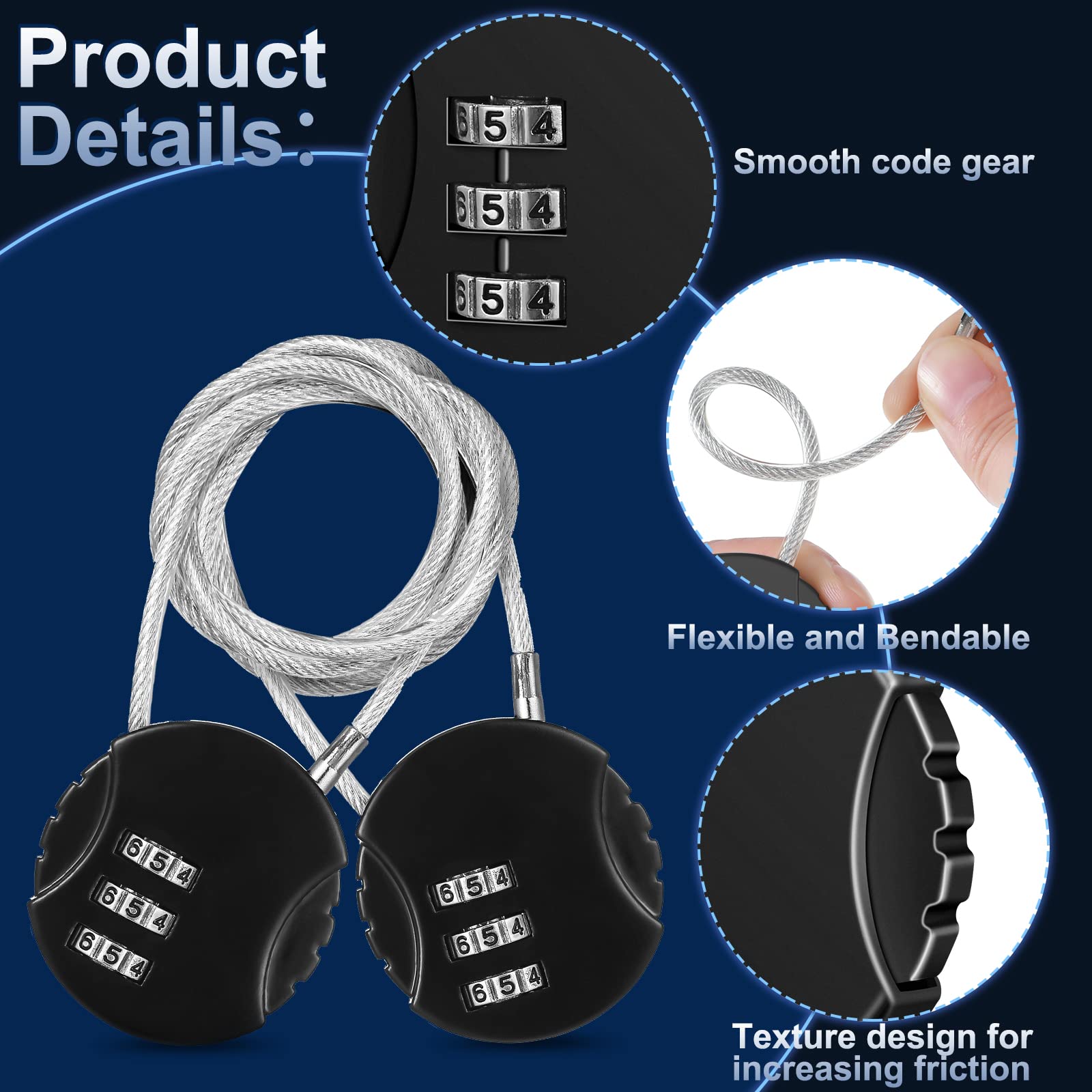 4-Pack 3-Digit Combination Lock - Waterproof Gym Padlock with Cable for Luggage, Backpacks, Lockers, Bikes & More - Secure Zippers, Helmets, Fence Doors & Sports Equipment (Black) - Ideal for Travel, Gym, School & Outdoor Activities