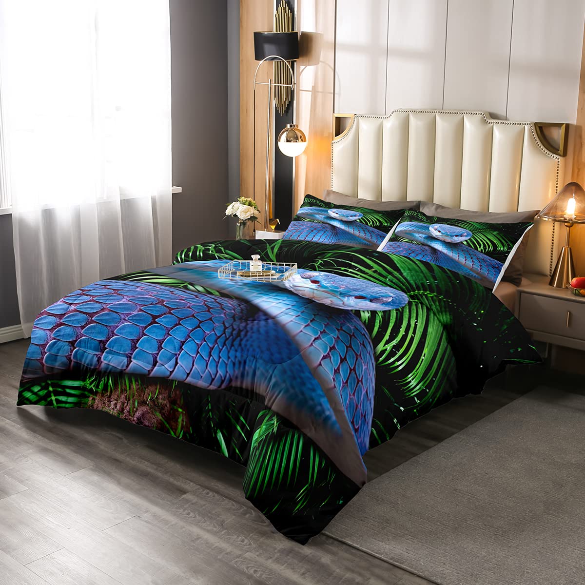 Erosebridal 3D Blue Snake Comforter Set Twin - Reptile Themed Duvet Cover with Scales Design, Palm Leaf Pattern Wild Animal Bedding for Kids, Boys, Teens & Adults - Perfect for Jungle Themed Bedroom Decor & Reptile Lover's Home
