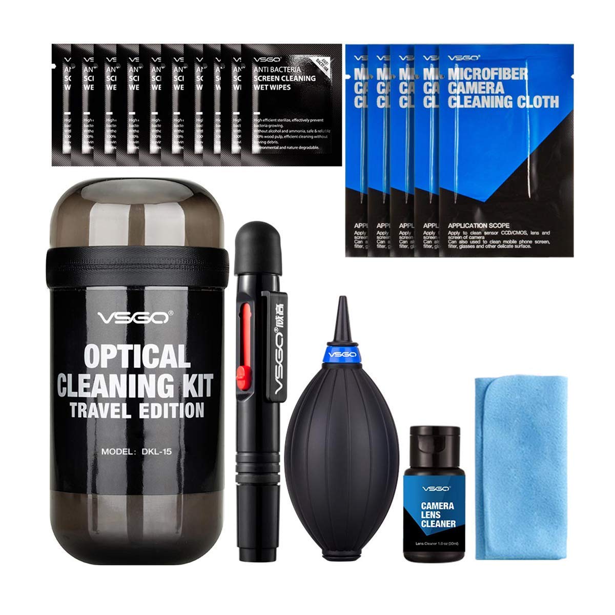 VSGO Professional DSLR Camera Lens Cleaning Kit - Lens Pen, Air Blower & Cleaning Fluid for Canon, Nikon, Sony, Pentax (DKL-15D) | Perfect for Travel Photography & Outdoor Shooting