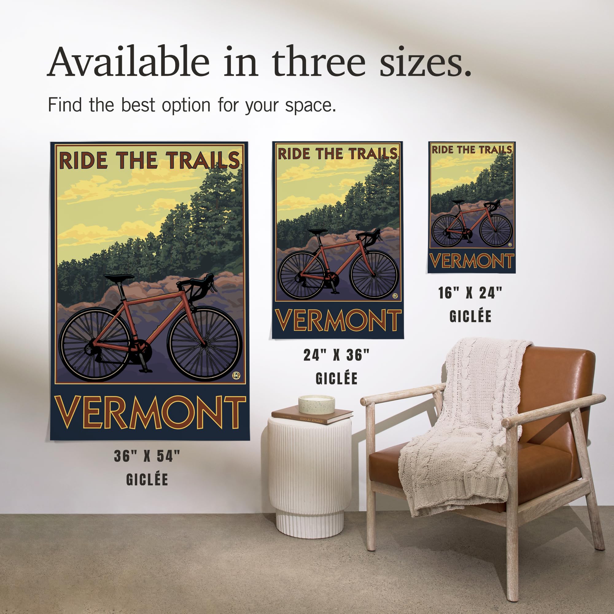 Lantern Press 16x24 Inch Giclee Art Print - Vermont Bicycle Scene Wall Decor | Premium Canvas Painting for Living Room, Bedroom & Office