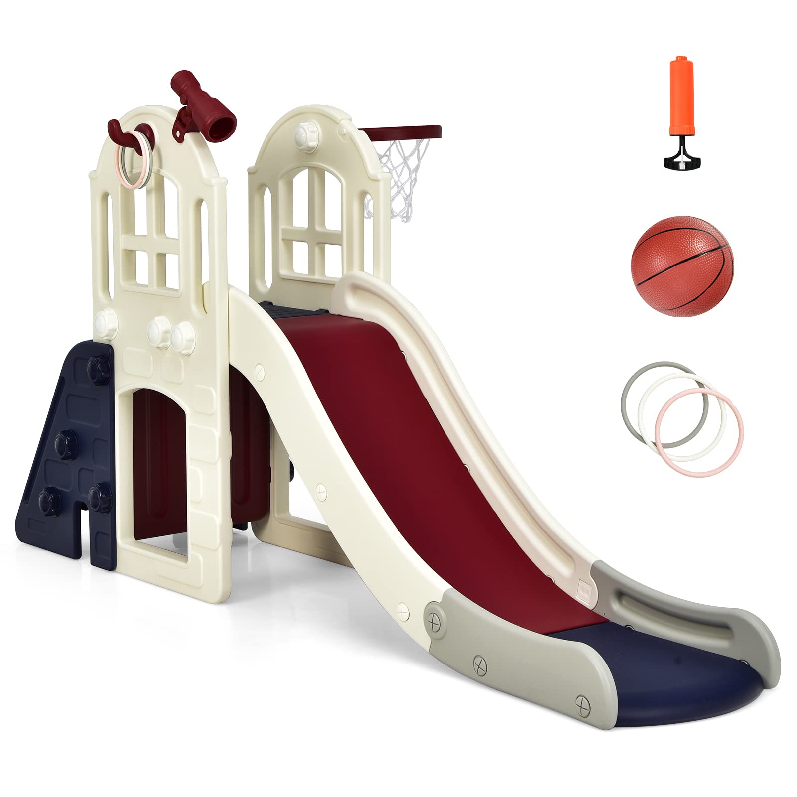 BABY JOY 6-in-1 Toddler Slide & Climber Set with Basketball Hoop & Ring Toss - Convertible Indoor/Outdoor Playground for Boys & Girls Ages 1-5 Years - Perfect Birthday Gift for Active Kids (Backyard, Playroom, Daycare)