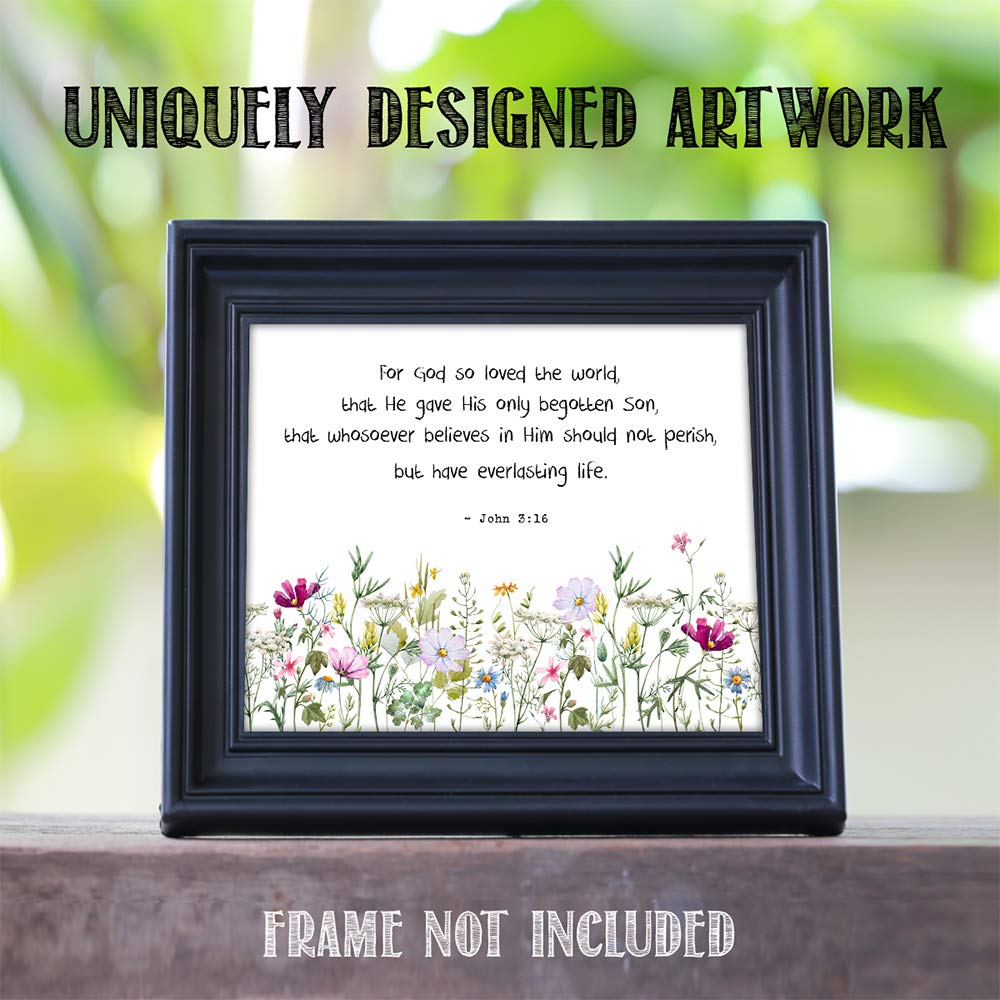 TJ Originals - John 3:16 Bible Verse Wall Art - 11x14 Inspirational Christian Home Decor with Wild Flowers Design - Perfect for Living Room, Bedroom & Church - Great Gift for Women, Family & Friends (Birthday, Housewarming, Religious Occasions)