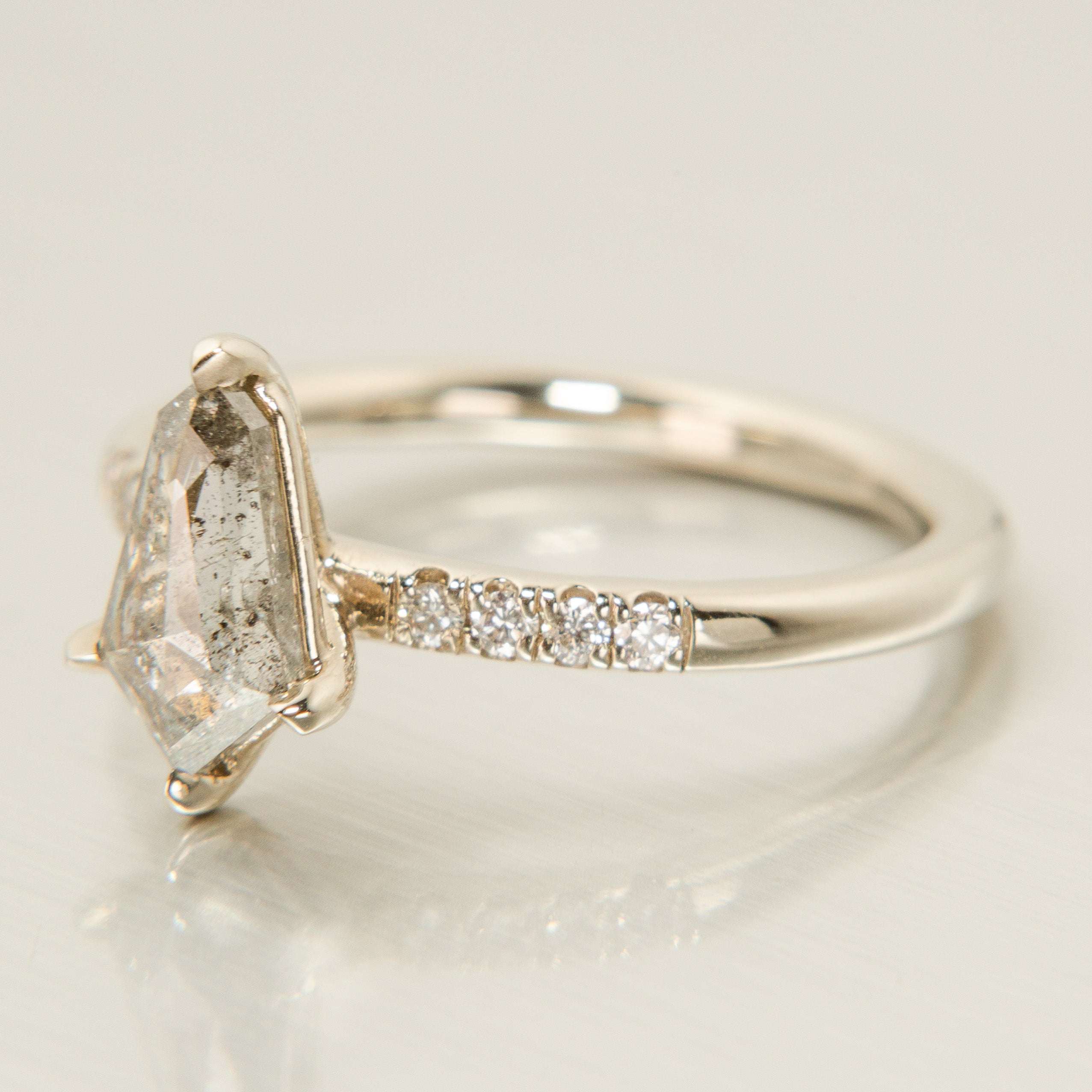 14K White Gold Kite Pave Solitaire Salt and Pepper Diamond Ring - Perfect for Engagement, Wedding, and Anniversary Gifts