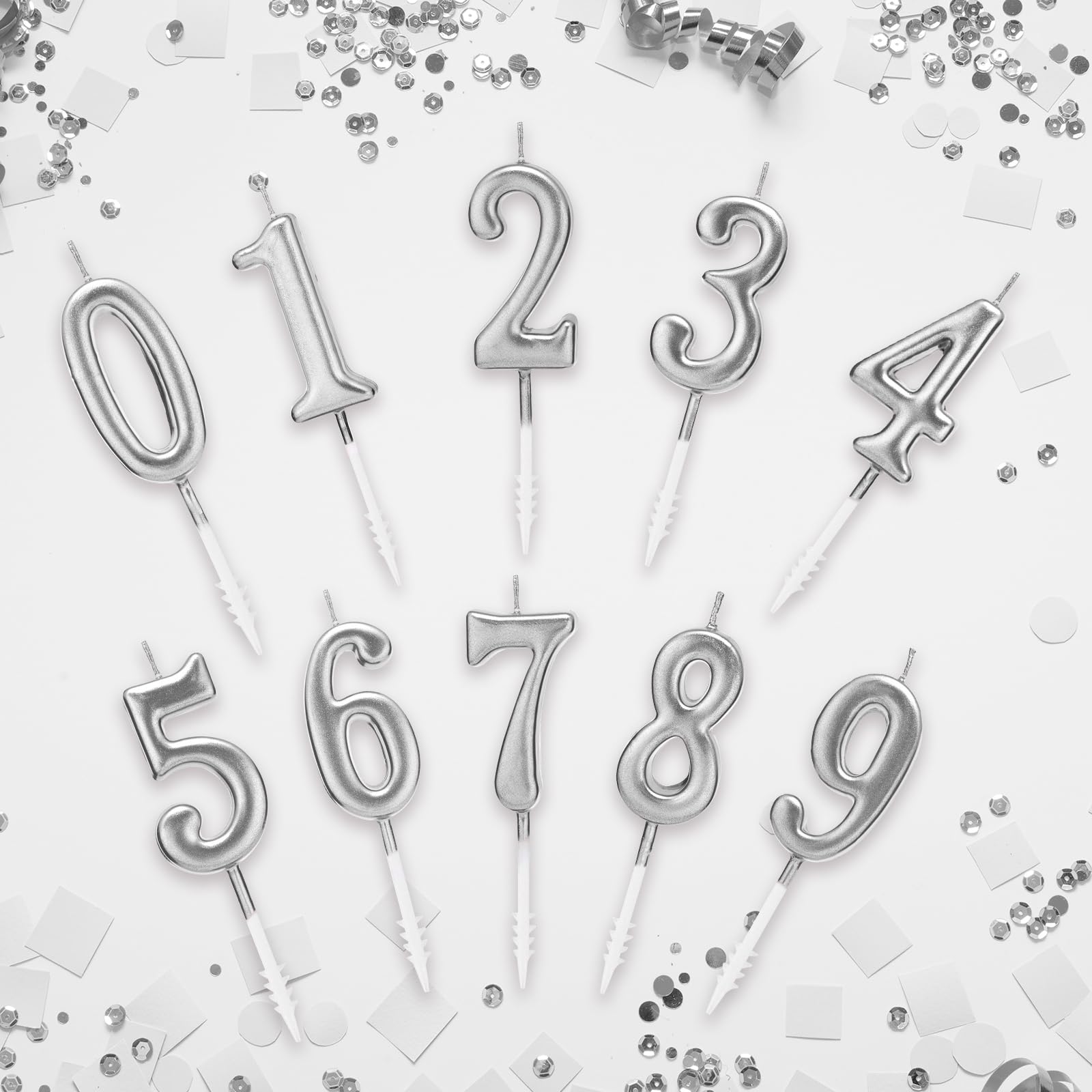 Beanlieve 10-Piece Number Cake Candles Set (0-9) - Sparkling Silver Glitter Birthday Candles for Cakes - Perfect for Birthdays, Anniversaries & Party Decorations - Ideal for Wedding Cakes, Cupcakes & Dessert Table Centerpieces