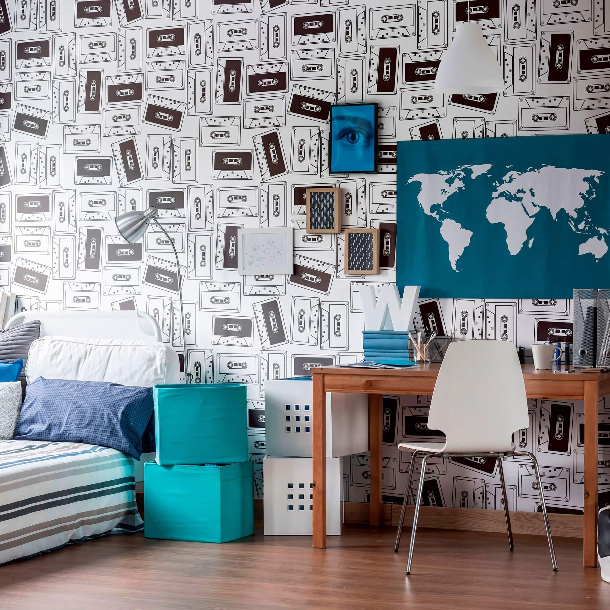 White Retro Teens Peel and Stick Removable Wallpaper 0787 - Self-Adhesive Wall Decor for Bedroom, Dorm, Nursery & Home Office