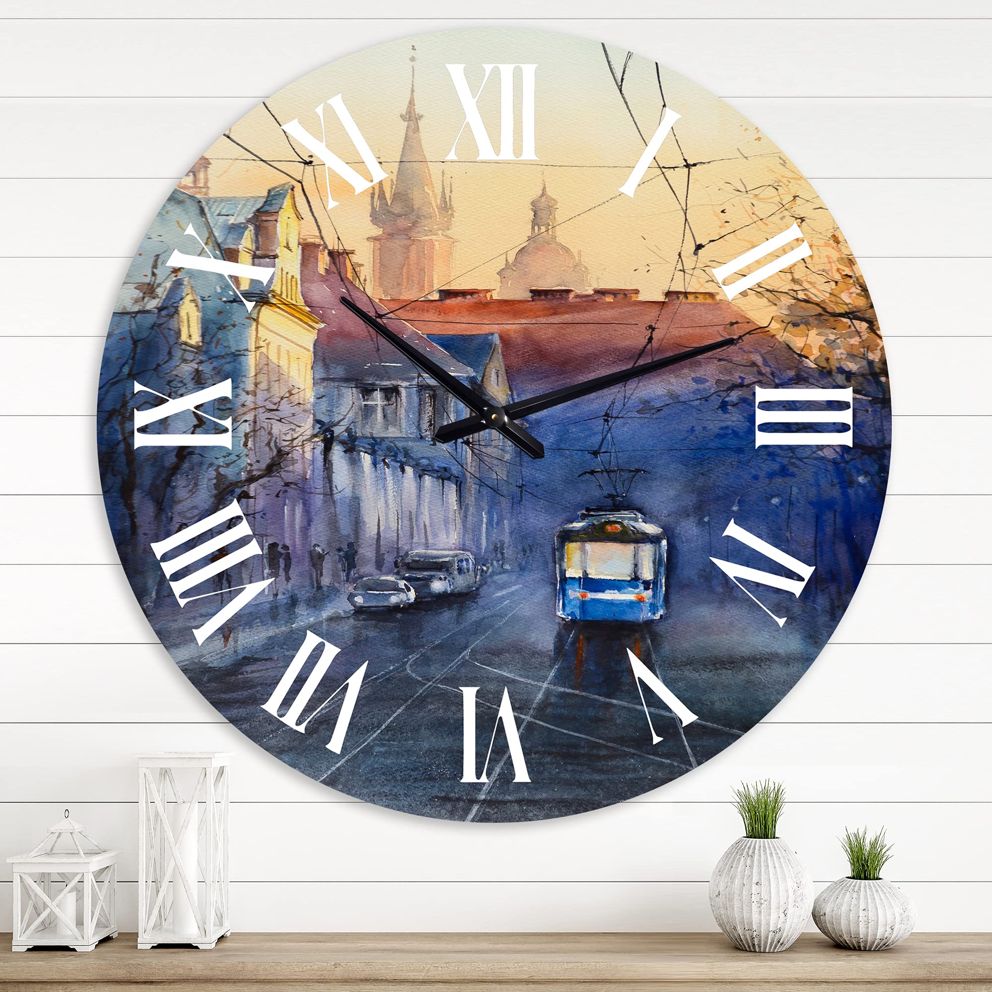 Large Nautical Coastal Wall Clock - Blue Tram at Sunset with Church Scenic Landscape Decor for Home & Office | Perfect for Beach House, Living Room, or Office Wall Art