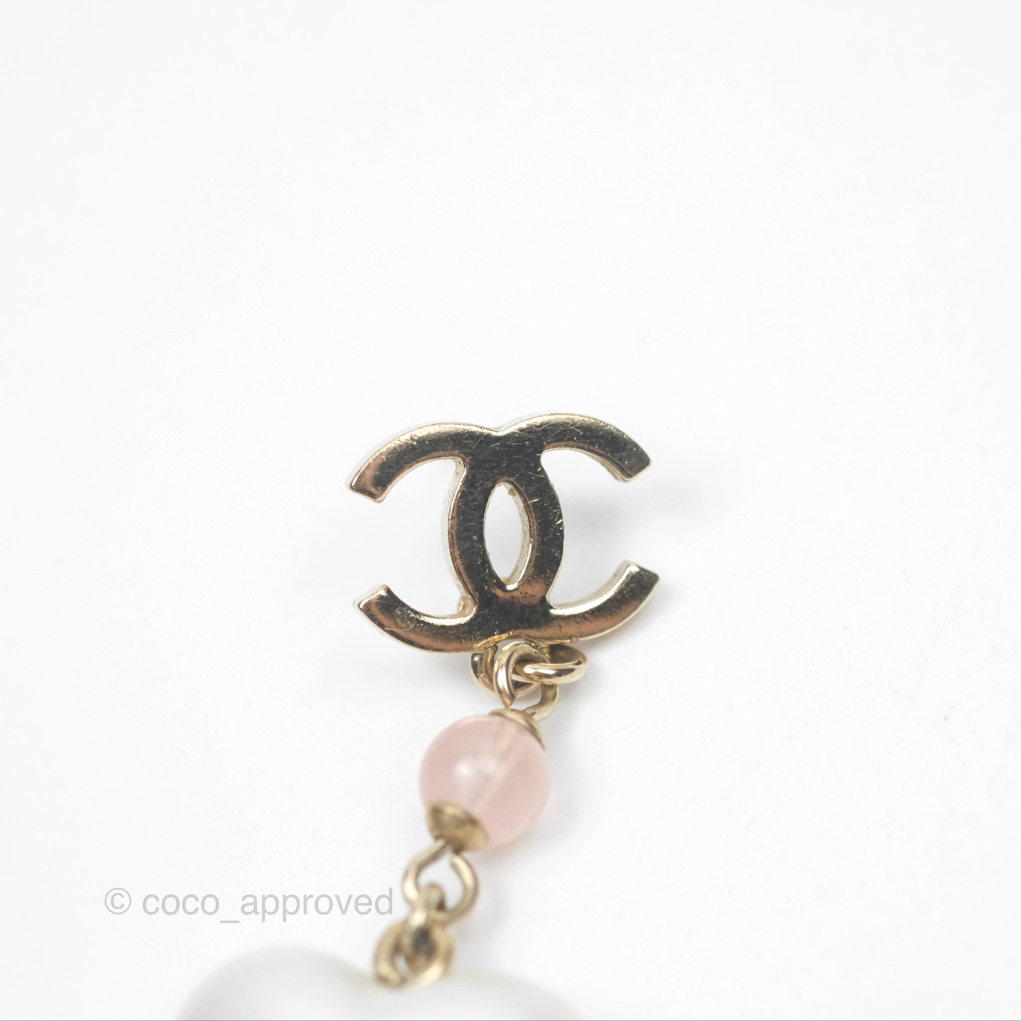 Chanel CC Pink Bead Heart Pearl Crystal Drop Earrings - Gold Tone 21B | Luxury Fashion Jewelry for Women, Perfect for Parties, Weddings & Special Occasions