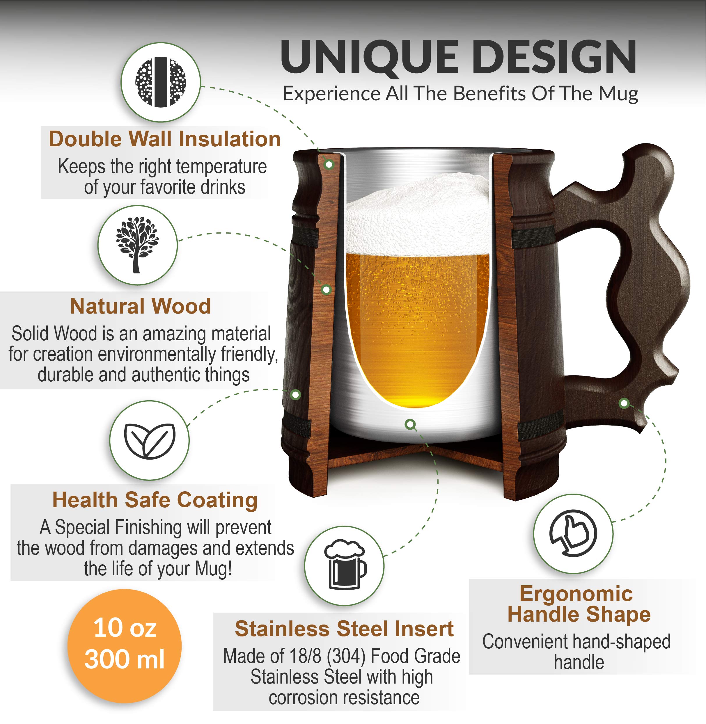 Set of 6 Handcrafted 10oz Beer Mugs - Stainless Steel & Wooden Beer Steins - Coffee Cups for Men - Unique Father's Day, Christmas & Birthday Gifts - Classic Brown - Perfect for Home Bars, BBQs & Man Cave Decor