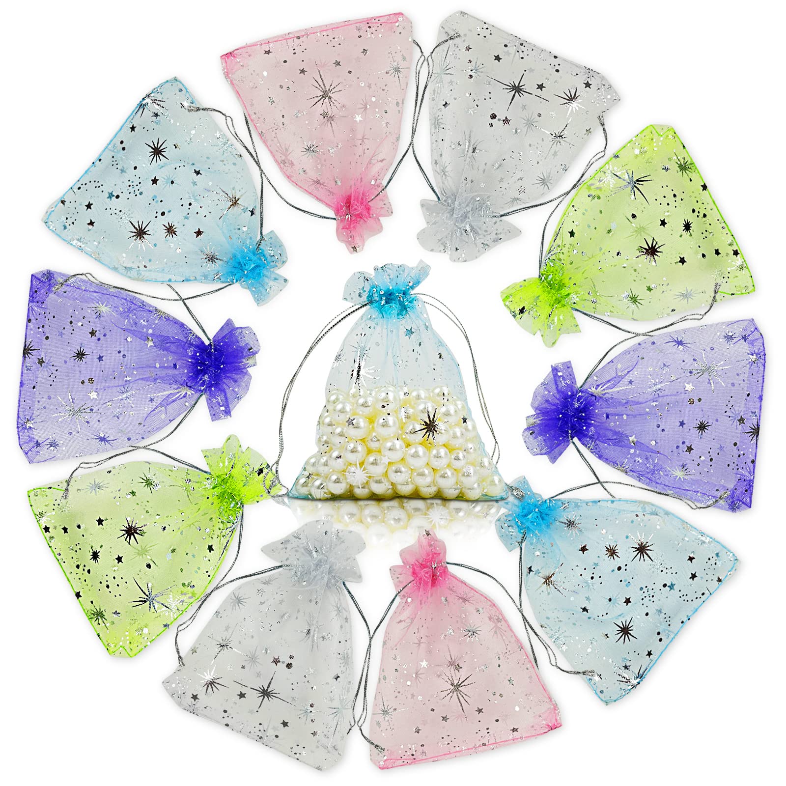 100pcs 3x4 Inch Star Organza Bags - Premium Tulle Favor Bags with Drawstring for Wedding, Party, Valentine's Day Gifts - Perfect for Candy, Jewelry & Small Favors