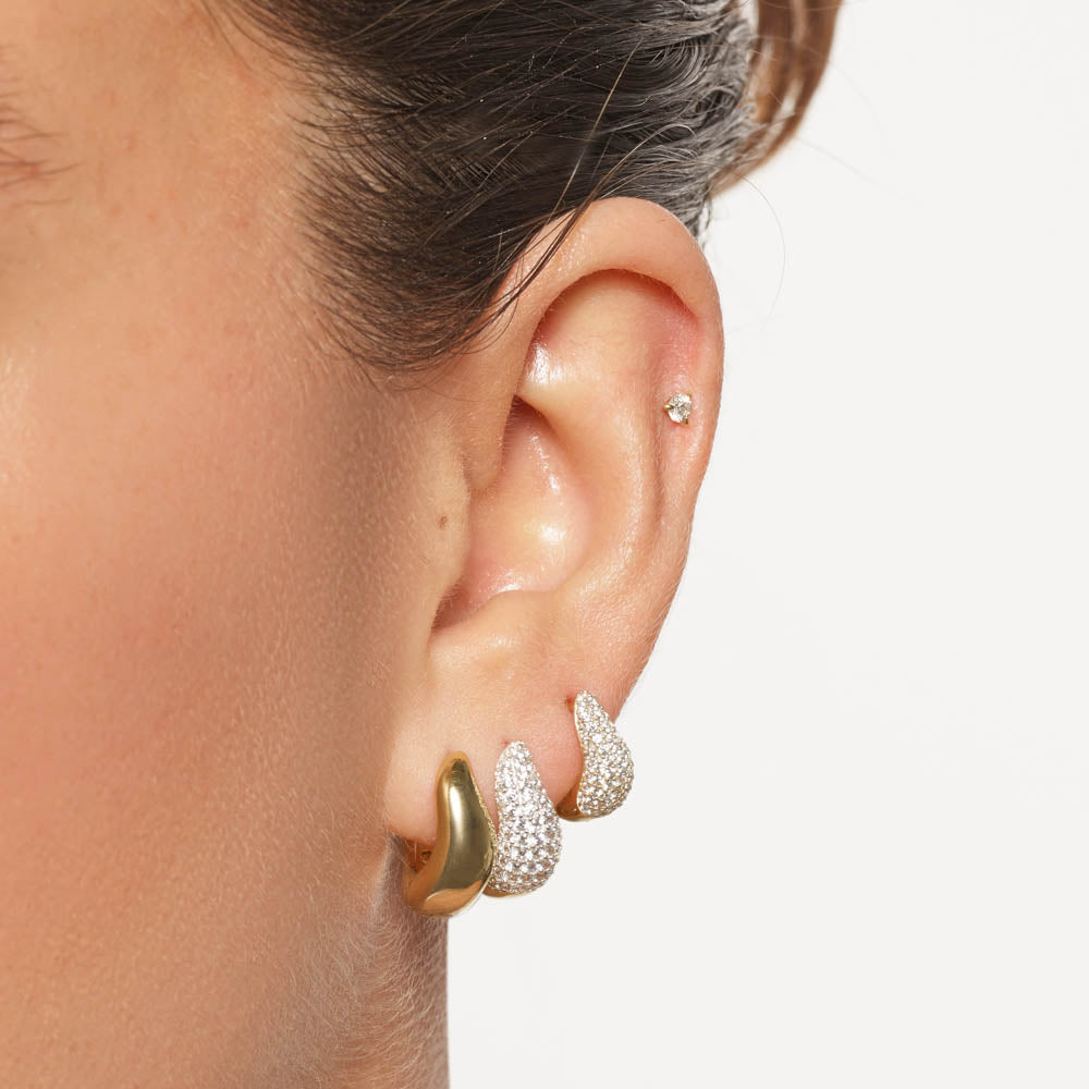 14K Gold White Topaz Wave Huggie Hoop Earrings for Women - Elegant Dome Pave Design for Parties, Weddings & Everyday Wear