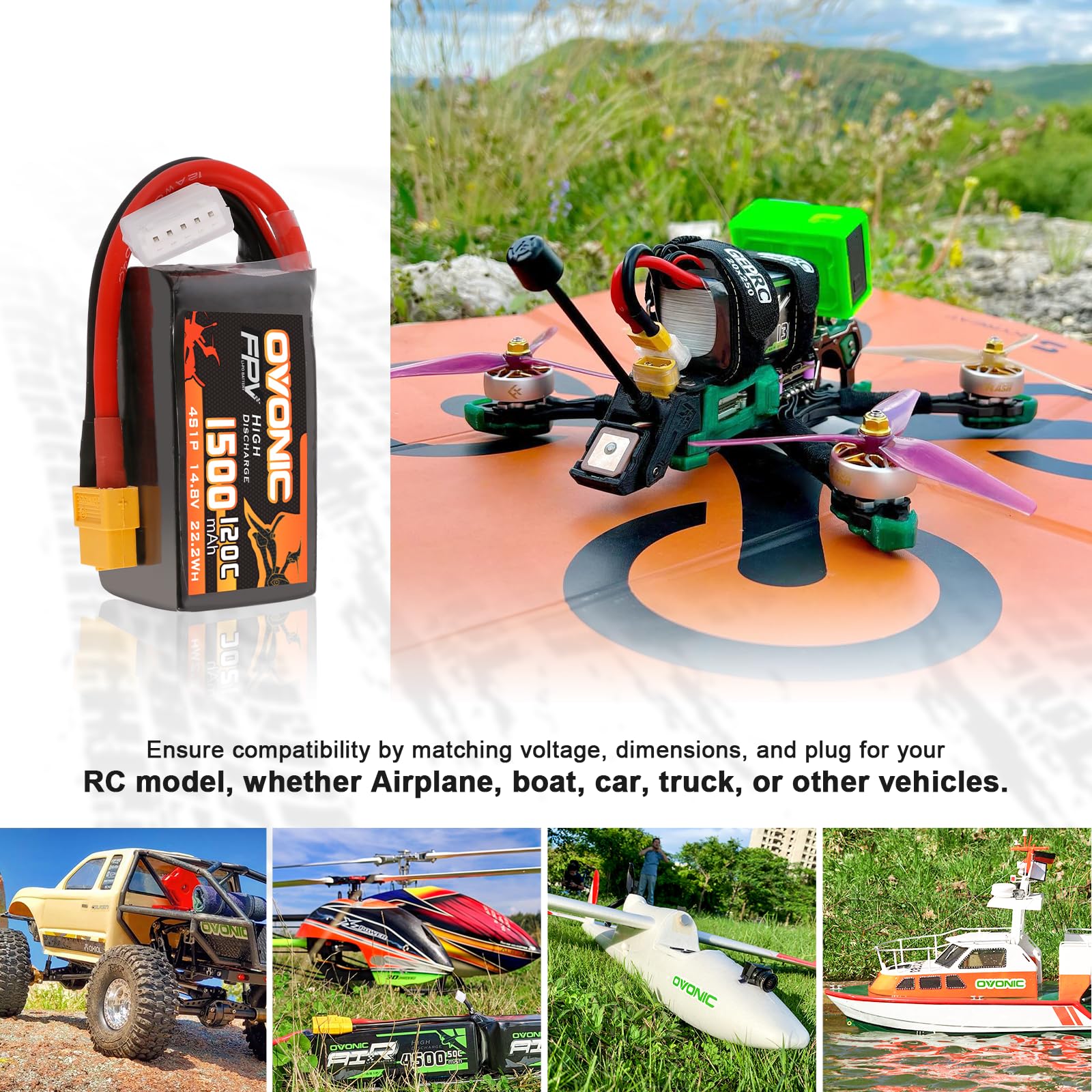 OVONIC 14.8V 120C 1500mAh 4S Lipo Battery with XT60 Plug - High Performance RC Battery for FPV Drones, Quadcopters, Helicopters, Airplanes, RC Boats & Cars (2 Pack) - Perfect for Racing, Aerial Photography and Long Flight Time