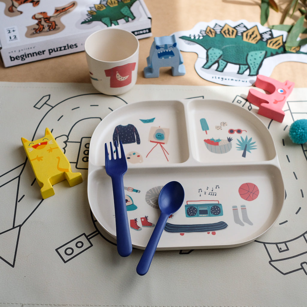 EKOBO Eco-Friendly Kids Dinner Set - 4-Piece Blue Bamboo Tableware for Toddlers | Perfect for Home, School & Travel Meals