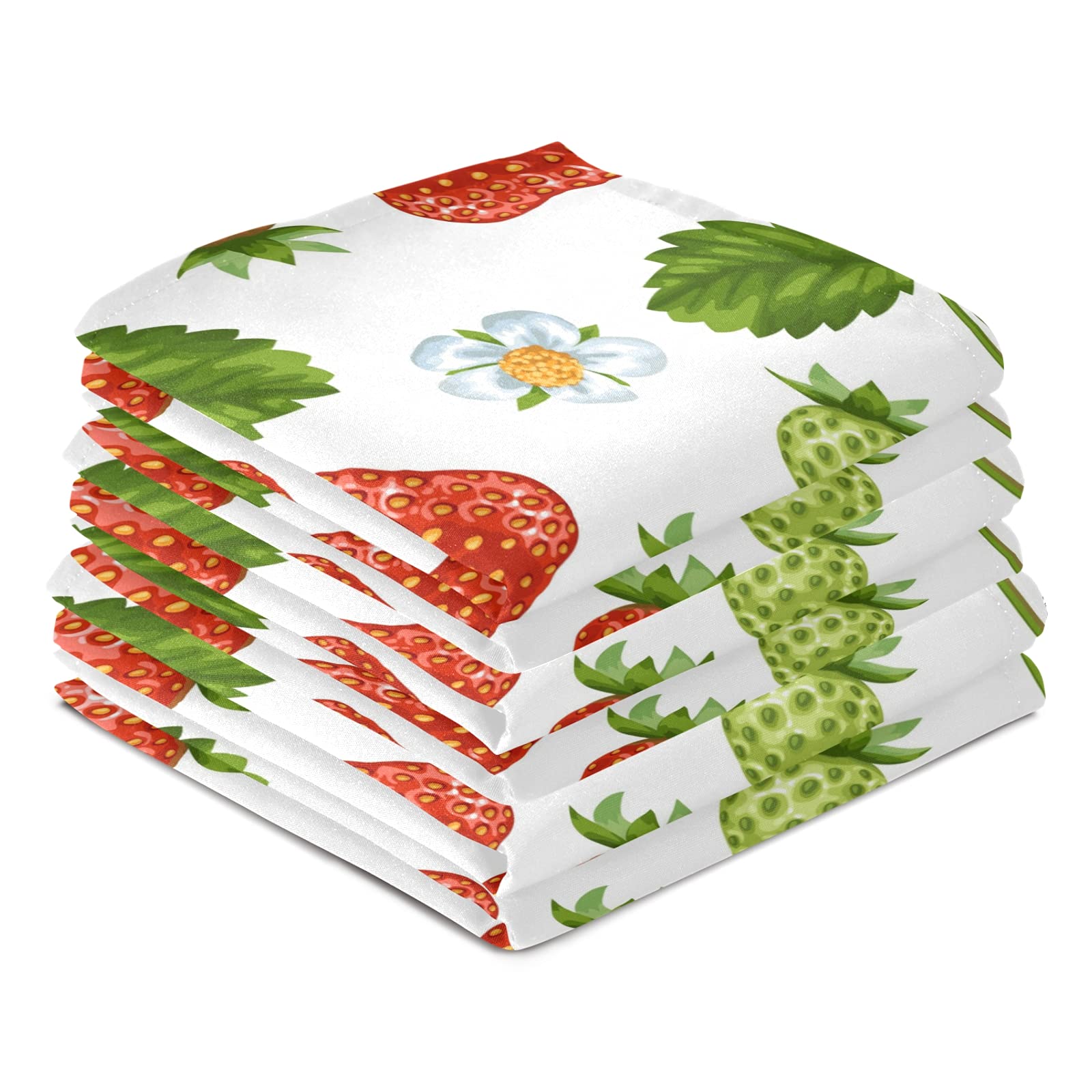 Premium Red Strawberry Floral Kitchen Towels 4-Pack - Super Absorbent, Fast Drying Reusable Dish Cloths (28